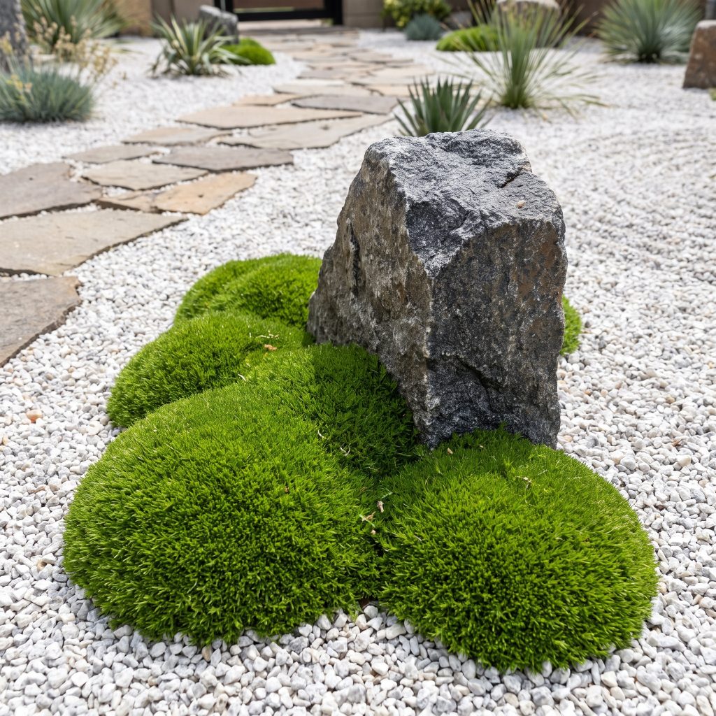 Vivid green Irish moss grows in dense clusters at the base of a jagged granite anchor stone surrounded by white crushed gravel and a stone path.