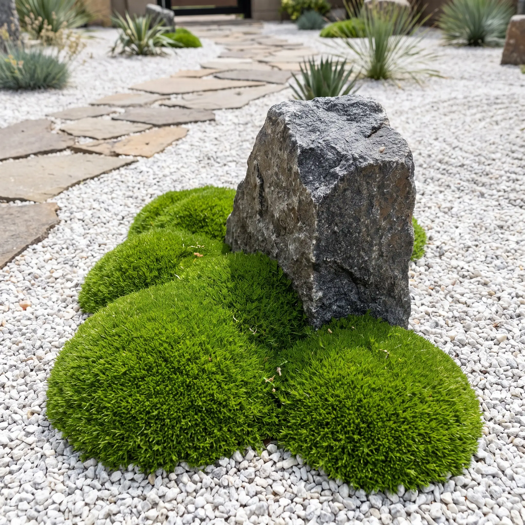 Vivid green Irish moss grows in dense clusters at the base of a jagged granite anchor stone surrounded by white crushed gravel and a stone path.