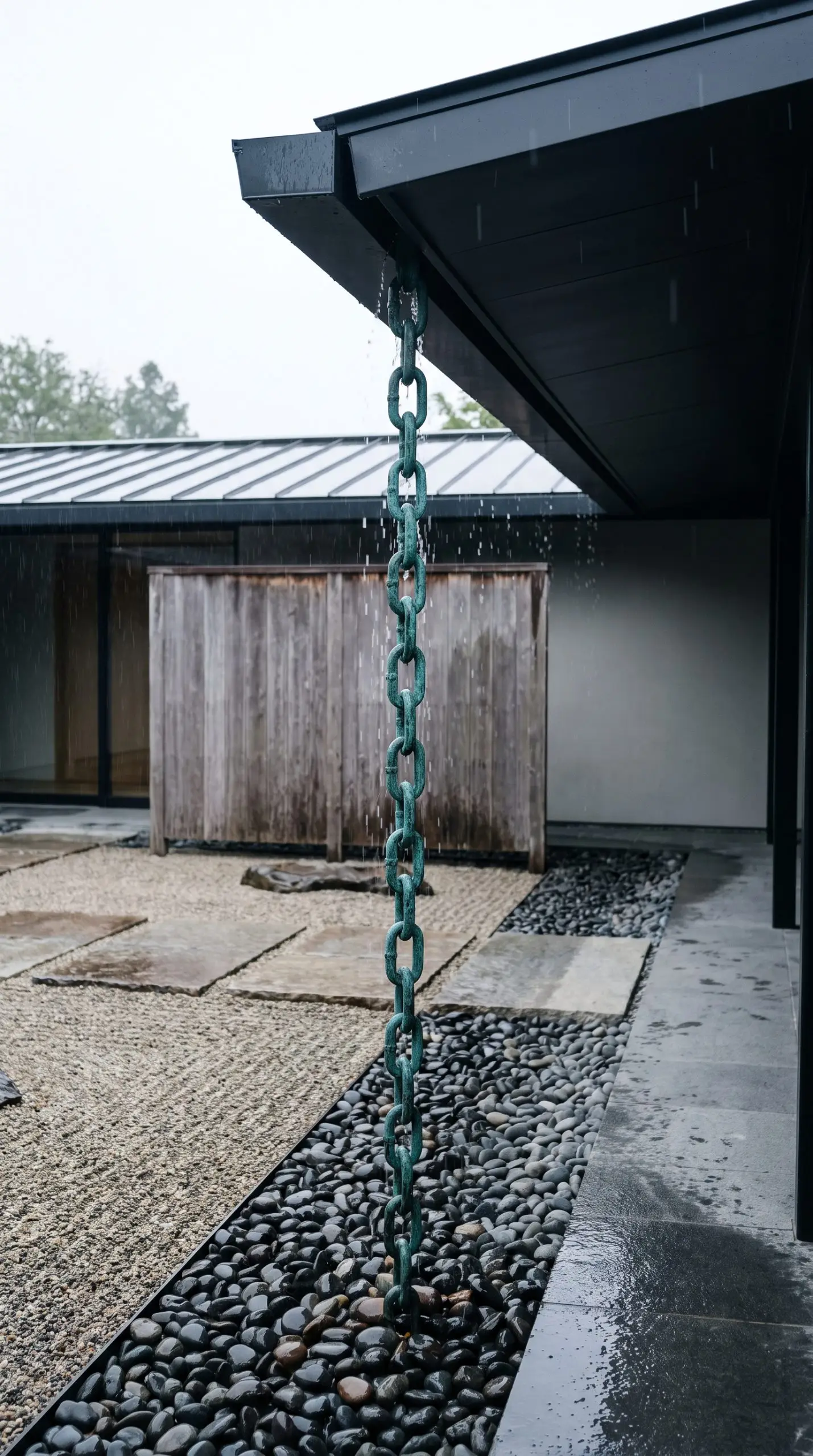 A heavy-gauge copper rain chain with a green-blue patina hangs from a modern roof eave over a bed of smooth dark river rocks.