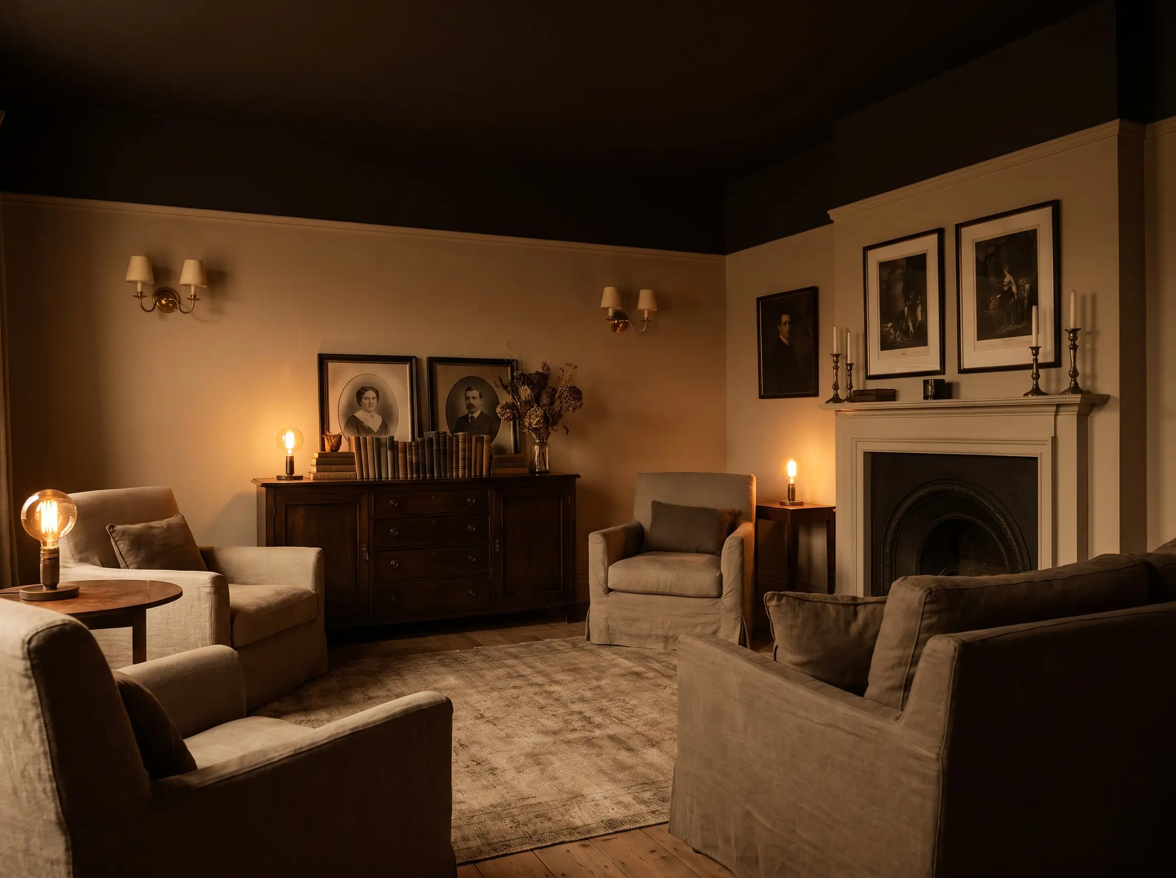 Low-level table lamps and brass wall sconces fitted with amber Edison-style LEDs cast a warm glow over linen seating in this 2026 halloween decor living room.
