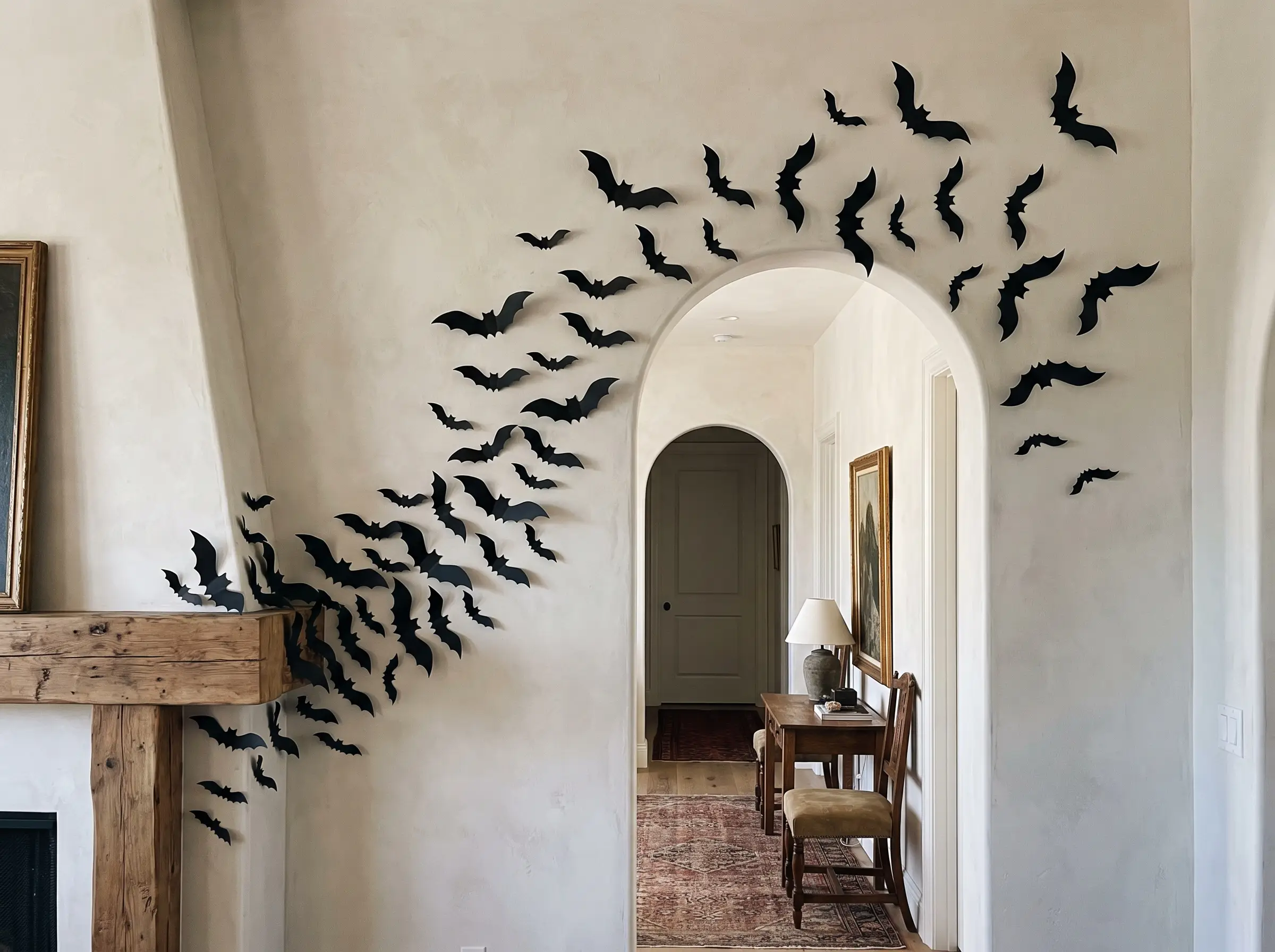 Matte black paper bats sweep in an asymmetrical S-curve up a limewash wall and around a standard arched doorway near a wooden mantle.