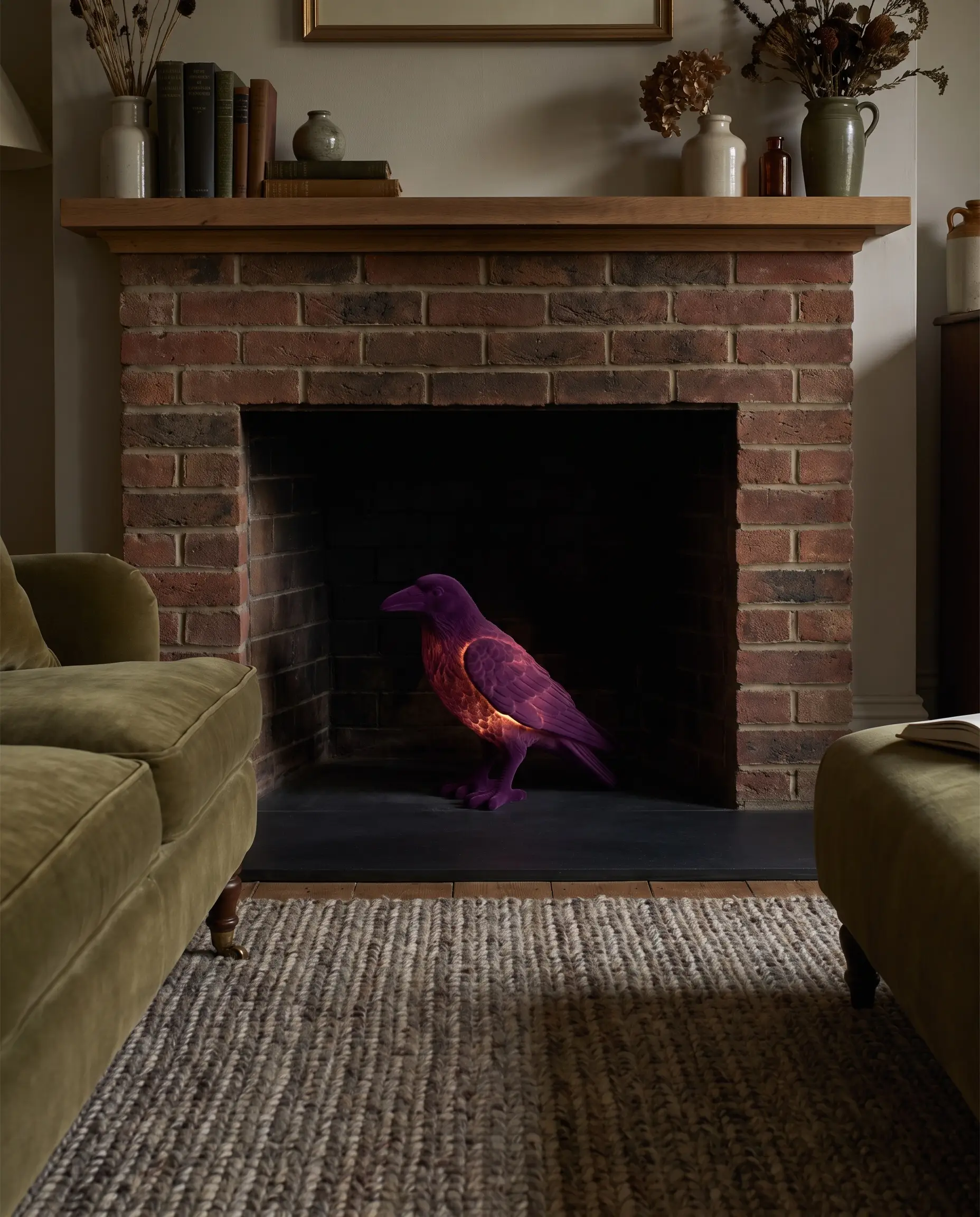 A softly glowing plum flocked resin raven figurine sits inside a clean, unlit standard brick fireplace near a woven rug and living room sofa.