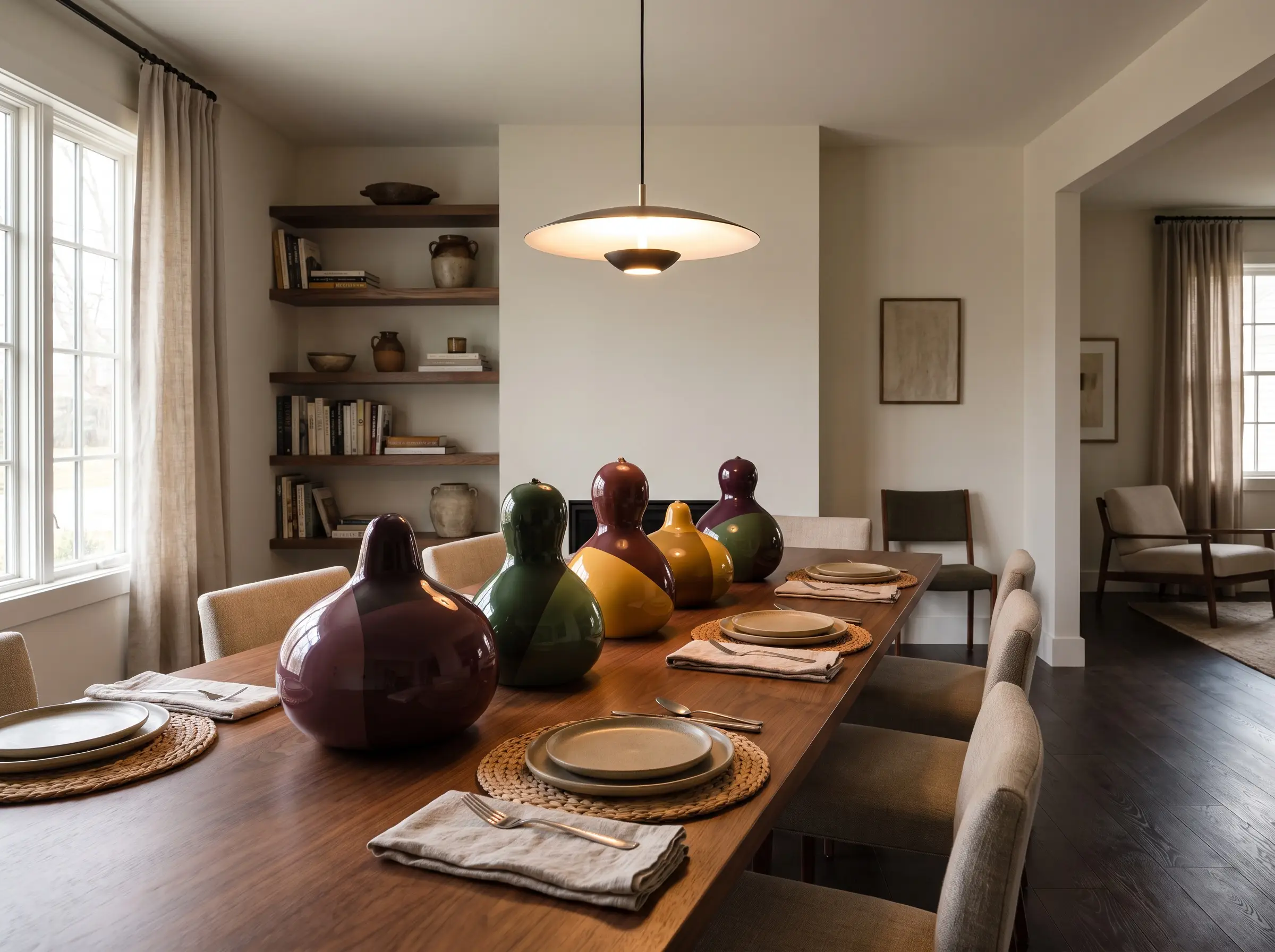 Smooth 2026 Halloween pumpkins painted in rich color blocks featuring Farrow & Ball Brinjal form a striking modern tablescape across a standard dining room.