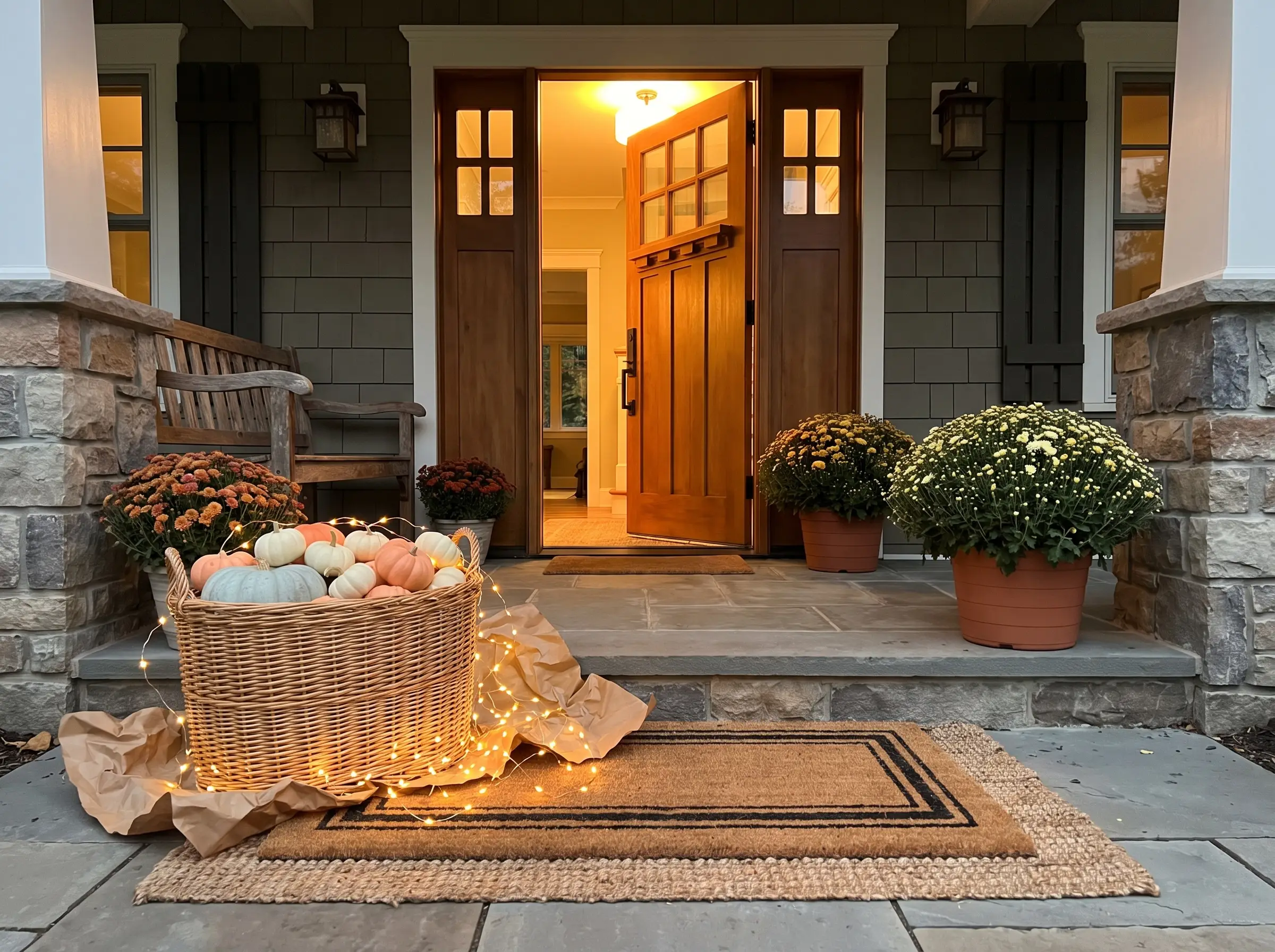 An oversized rattan basket overflows with pastel 2026 Halloween pumpkins, kraft paper, and soft glowing micro-LED copper fairy lights in a welcoming entryway.
