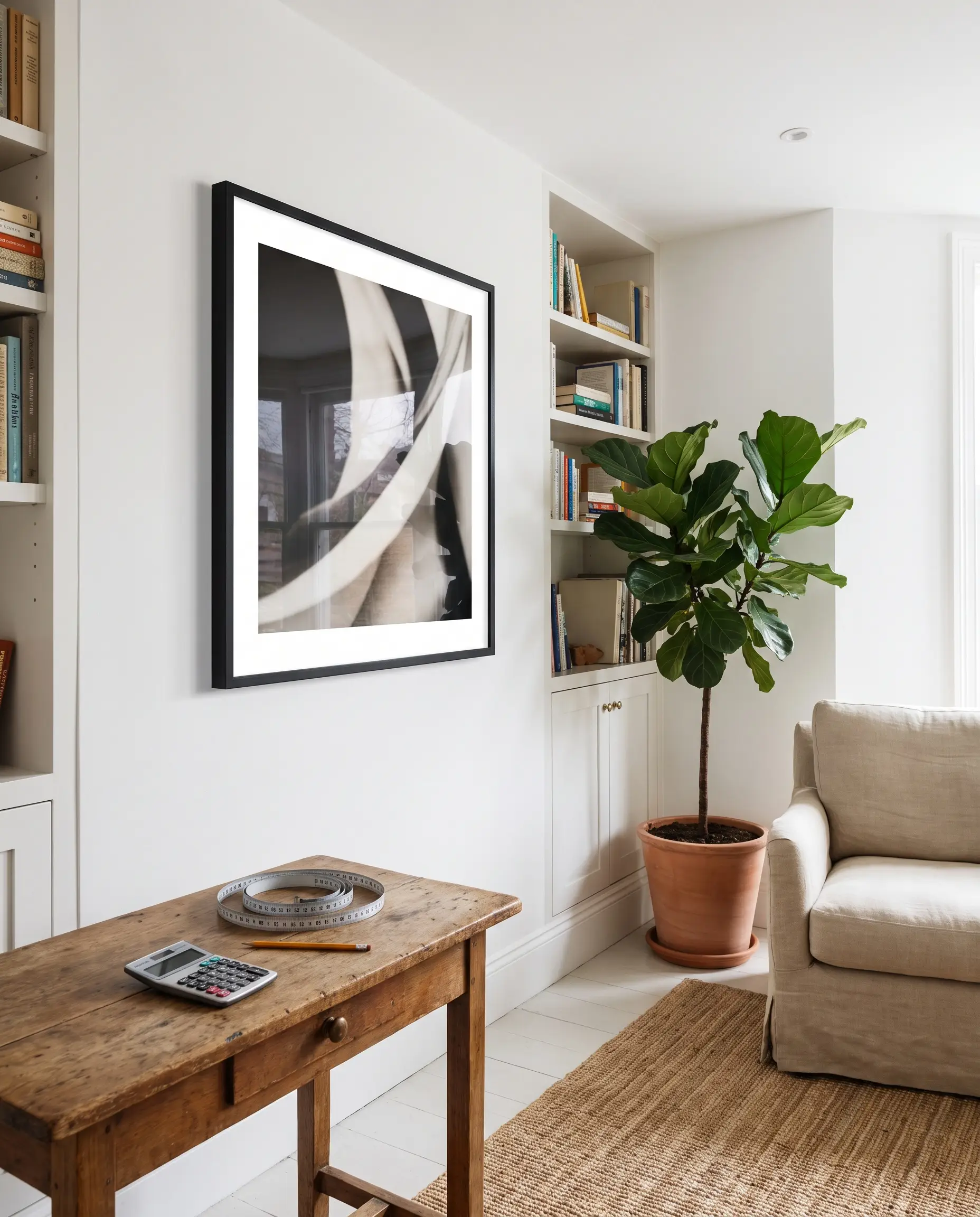 A framed art piece hangs at eye level above a wooden console table with a tape measure, showing how to arrange pictures on a wall.
