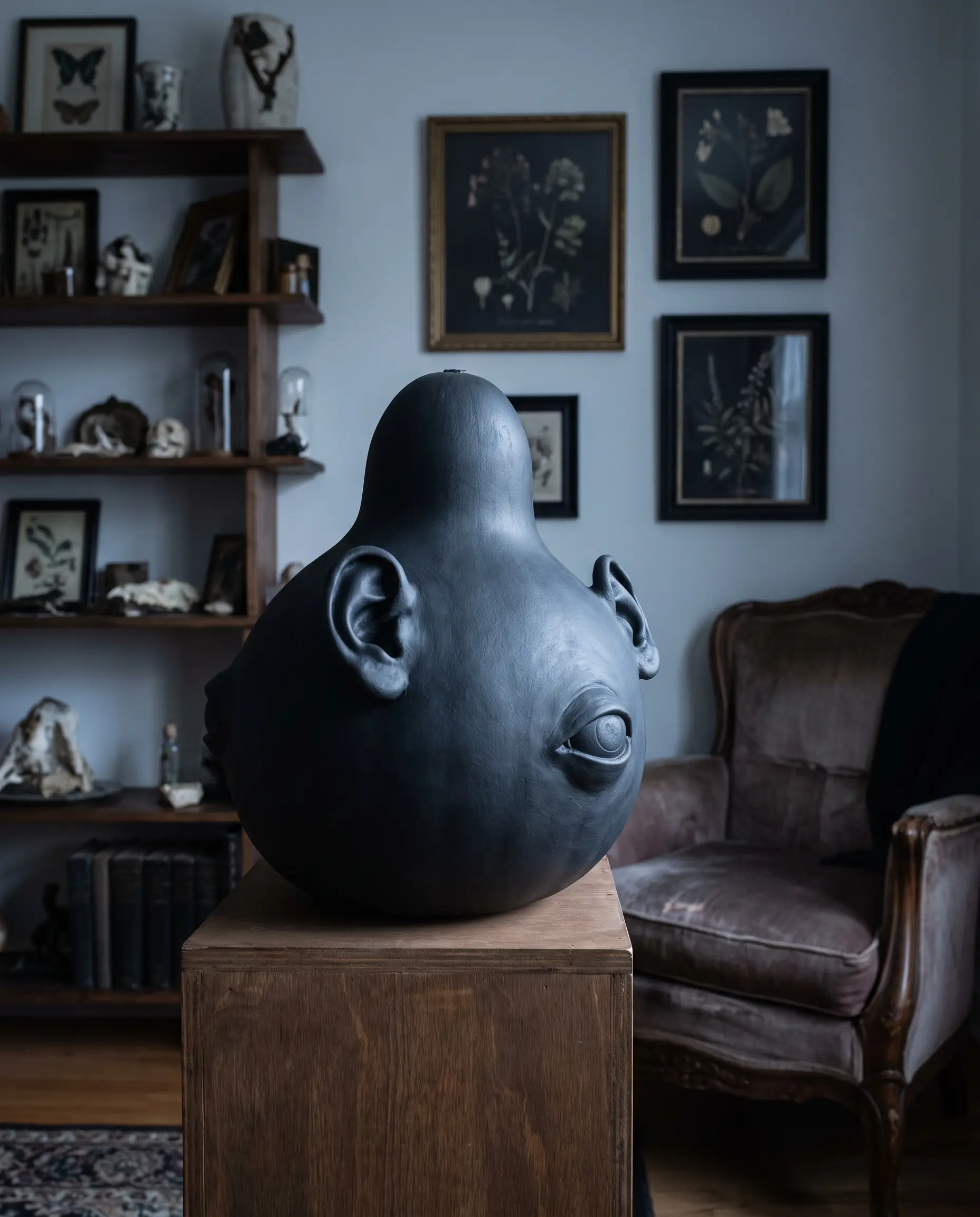 Realistic air-dry clay eyes and ears attach asymmetrically to a monochromatic matte pumpkin displayed formally on a standard wooden gallery pedestal.