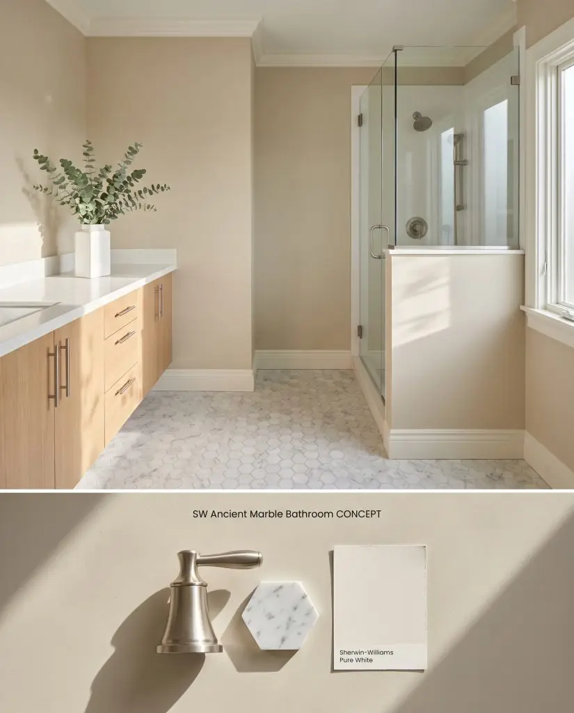 A split digital conceptual board displaying a minimalist bathroom on top and a textured bottom section with brushed nickel and Carrara marble samples.