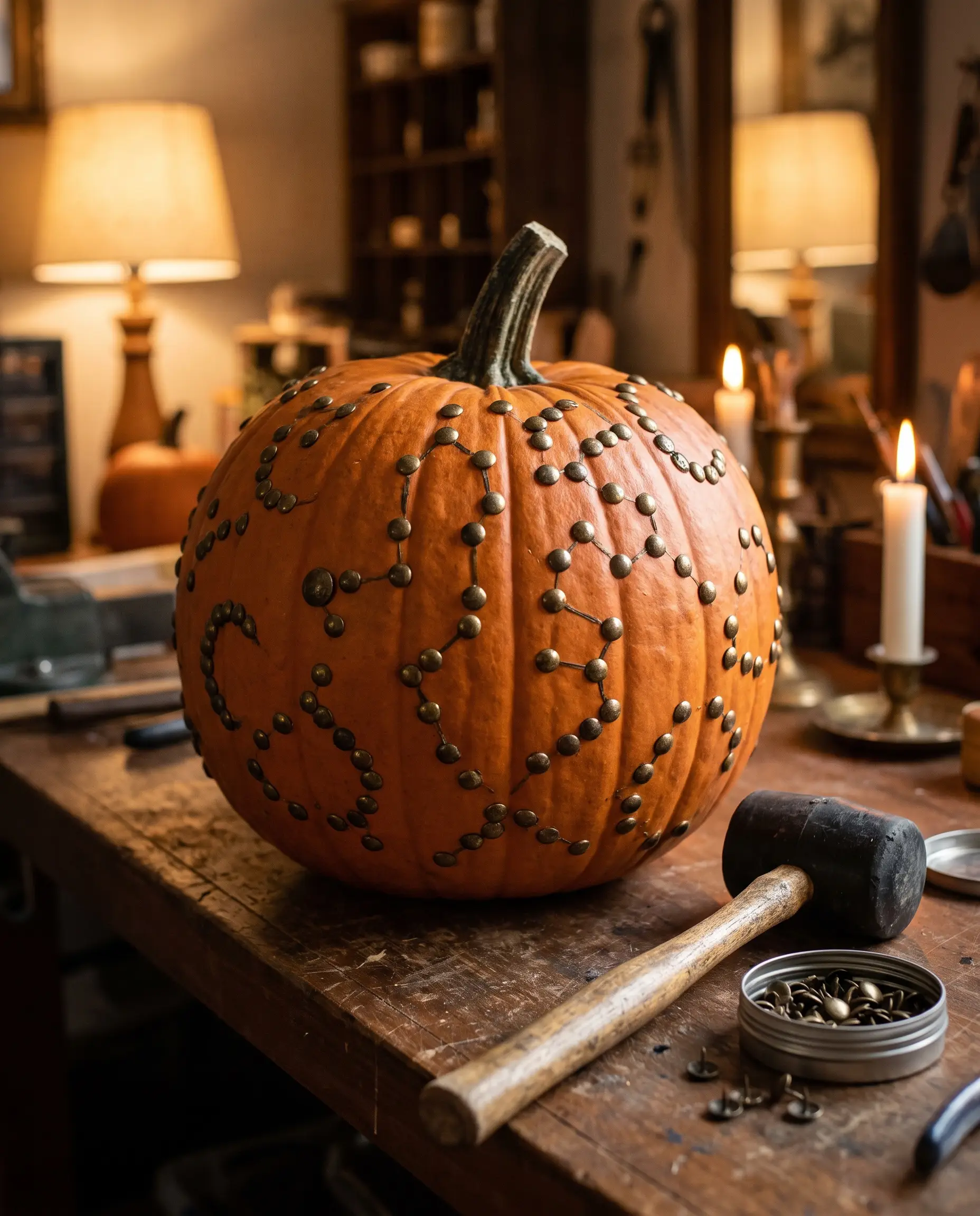 Hundreds of antique brass upholstery tacks hammered into stunning celestial patterns cover a large pumpkin resting next to a rubber mallet on a wooden desk.