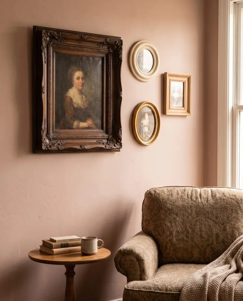 An eclectic asymmetrical arrangement features a large ornate dark frame orbited by smaller mixed gallery frames on a sophisticated dusty pink wall.