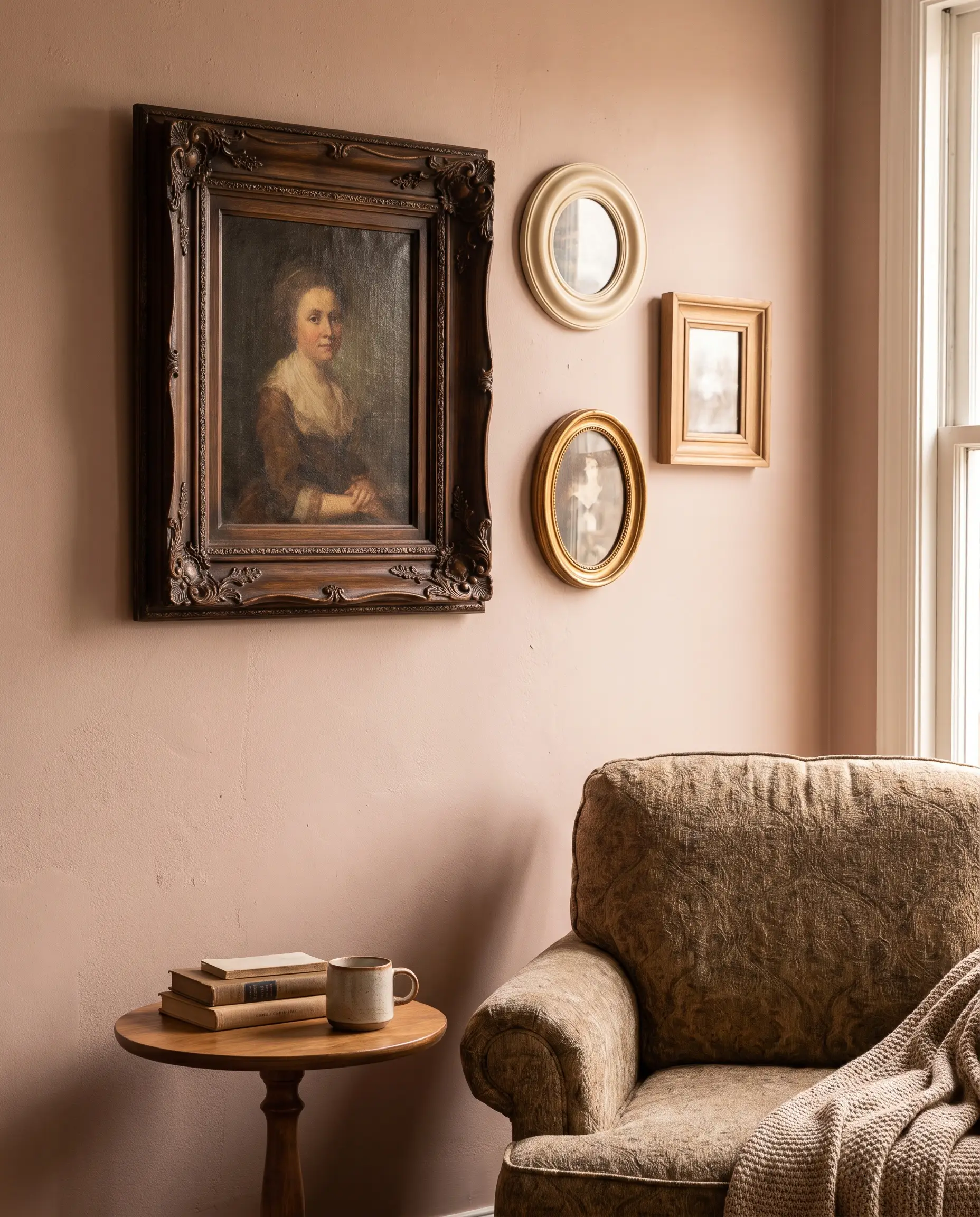 An eclectic asymmetrical arrangement features a large ornate dark frame orbited by smaller mixed gallery frames on a sophisticated dusty pink wall.