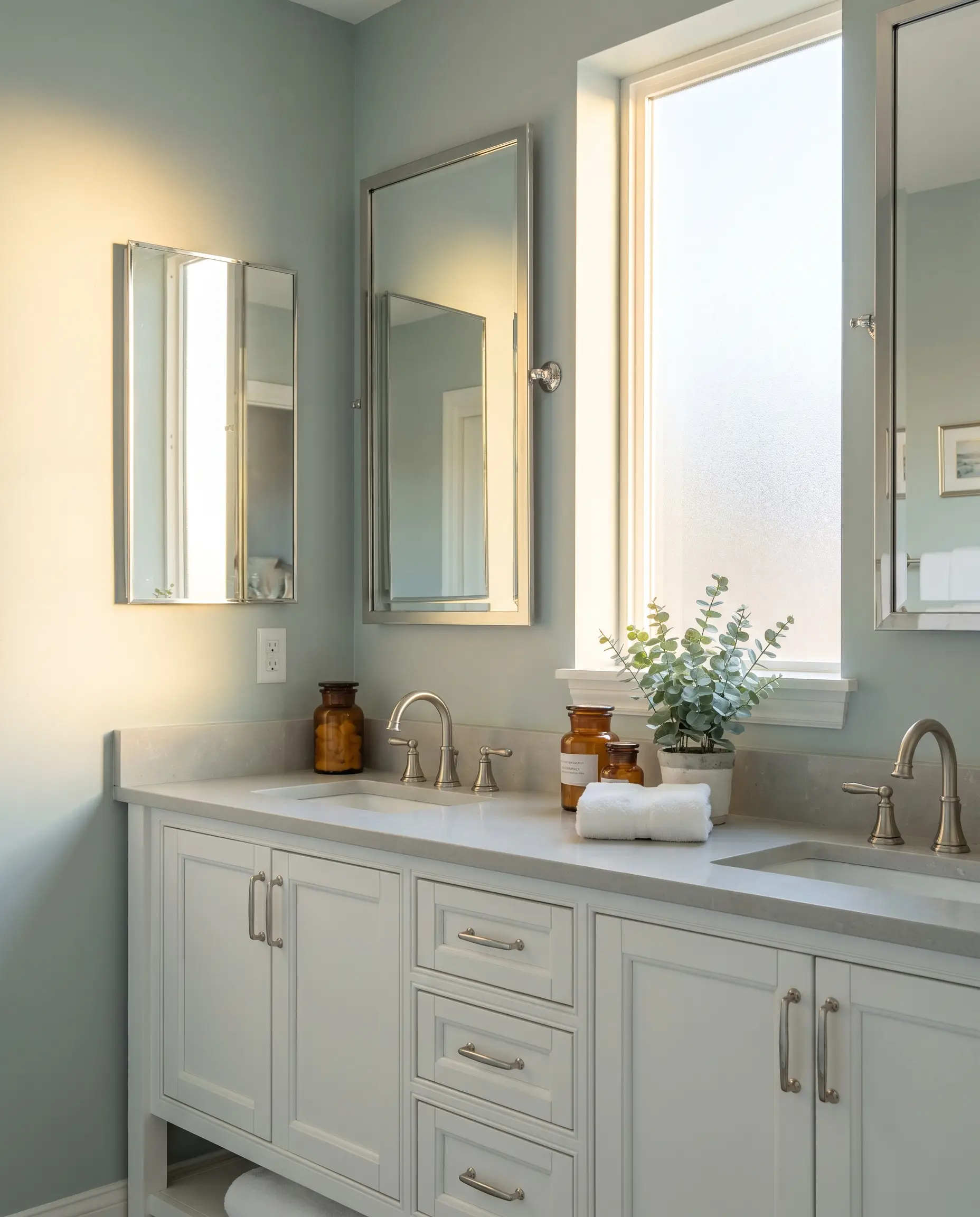 A white shaker-style vanity with polished nickel fixtures stands against walls finished in cool light gray Behr paint.