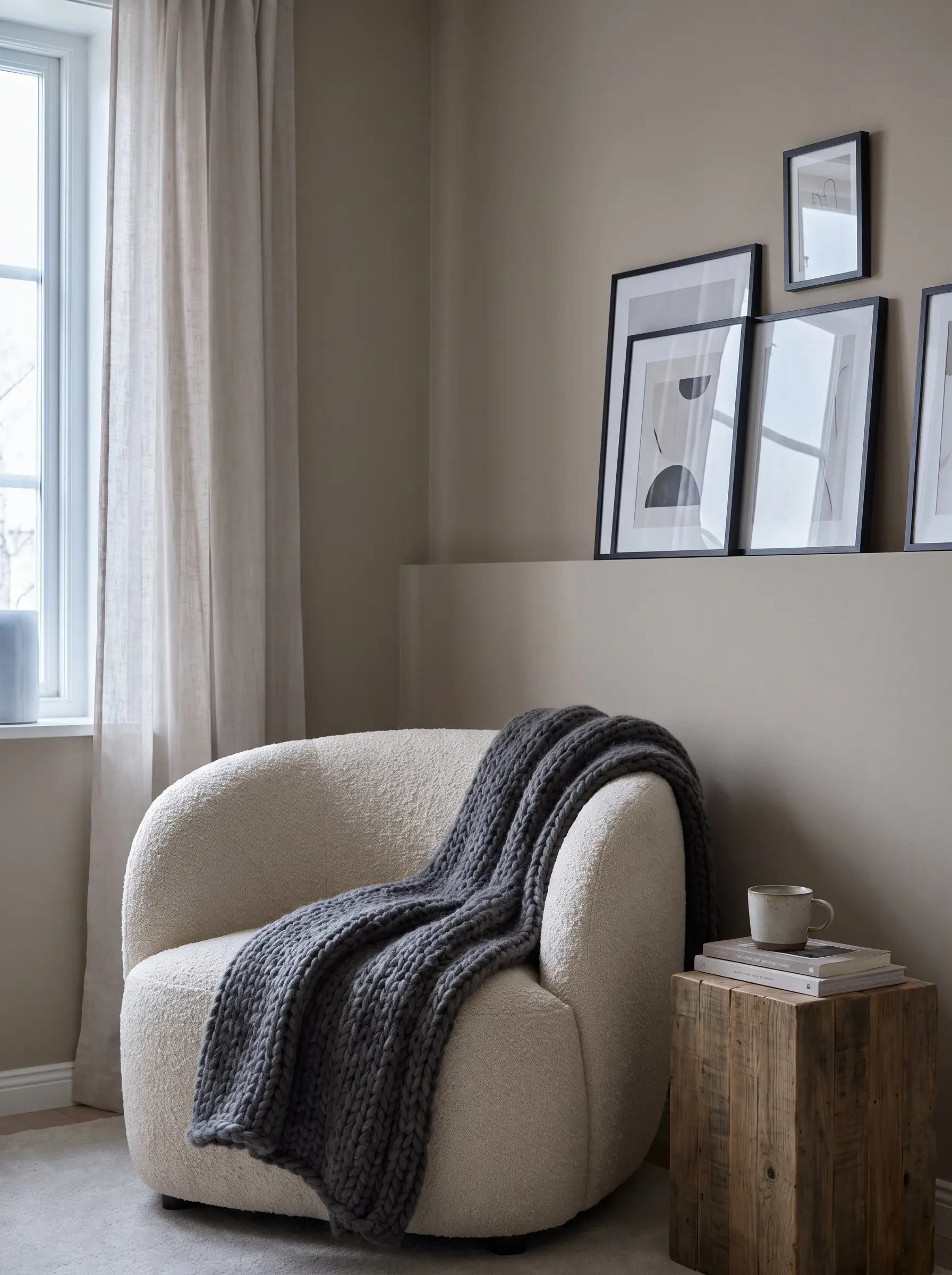 A plush boucle armchair and reclaimed wood side table sit beside walls painted in the best Behr gray paint colors.