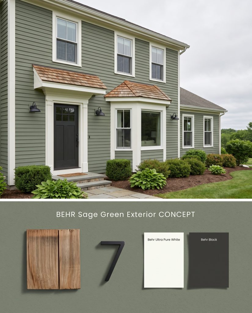 A conceptual board for a house exterior featuring muted green siding above, complemented by natural cedar shingle and matte black metal textures below.