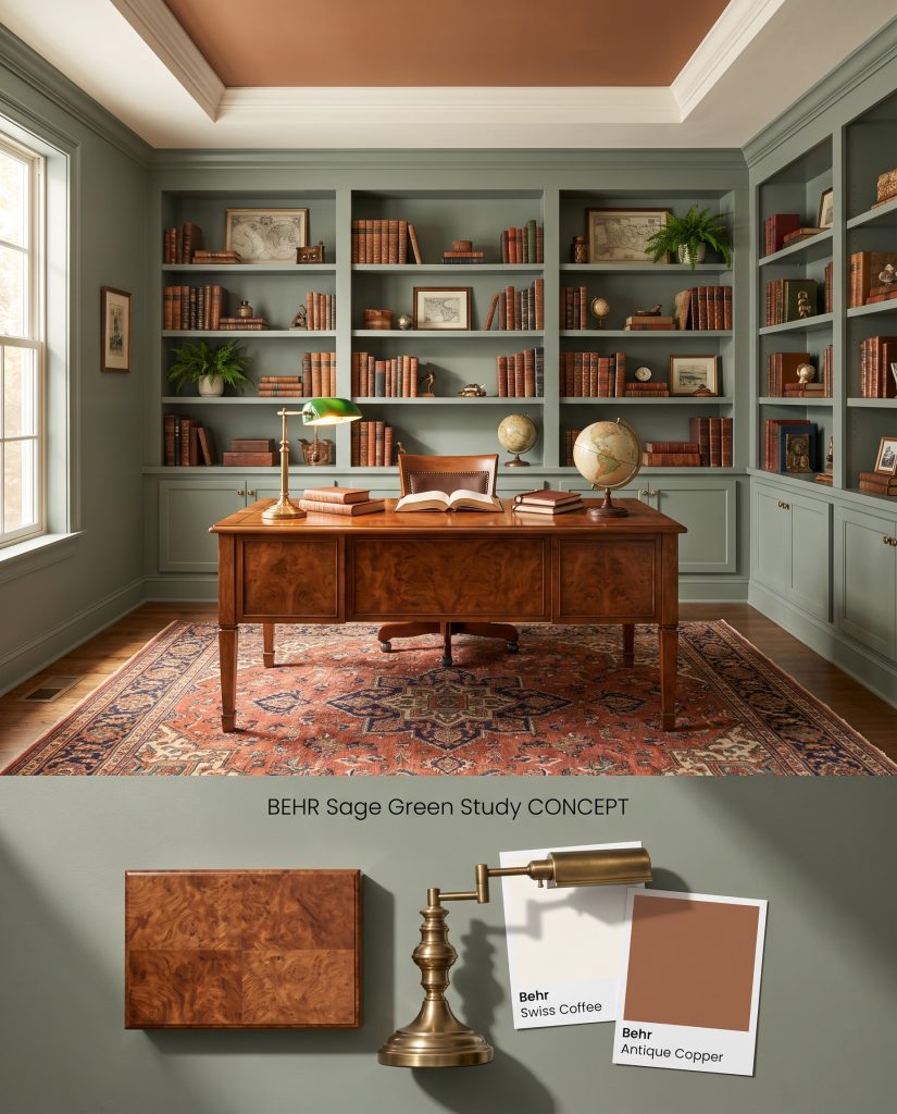A split digital conceptual board for a muted green study on top, featuring physical polished burl wood and brass lamp components below.