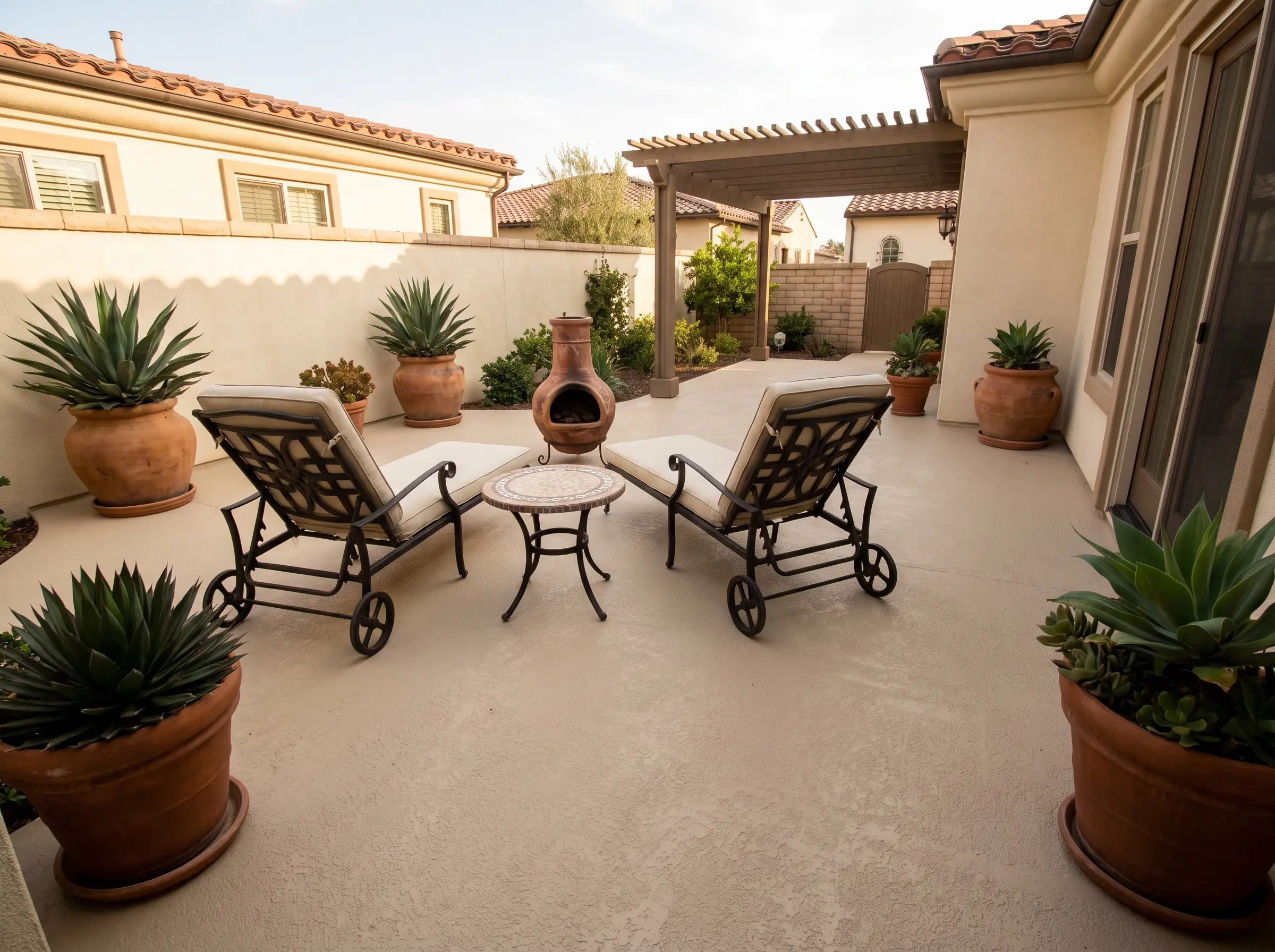 Wrought iron lounge chairs and potted deep green agave plants decorate a Spanish Revival patio slab offering beautiful patio floor paint inspiration.
