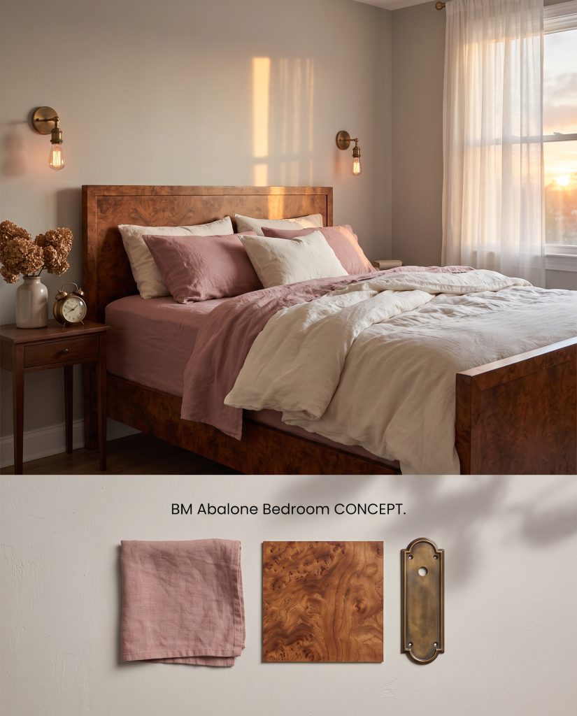 A split digital conceptual board featuring a romantic bedroom painted Benjamin Moore Abalone above a physical flat-lay of burl wood and dusty rose linen.