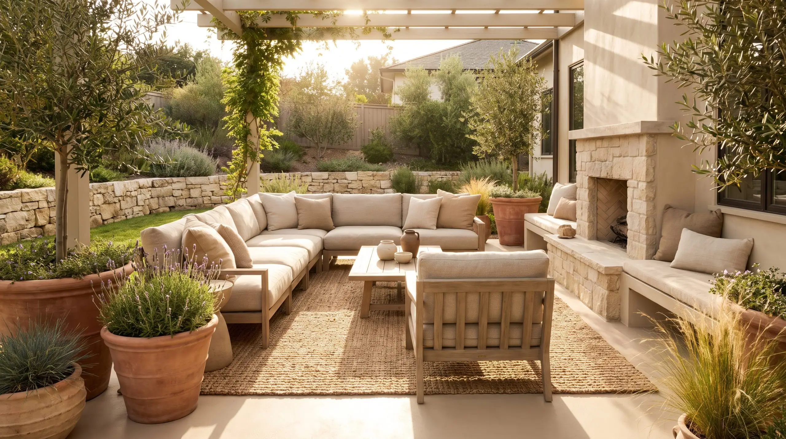 Oversized terracotta planters and linen-cushioned seating surround a chunky natural fiber rug on a concrete slab painted in Behr Studio Clay porch paint.
