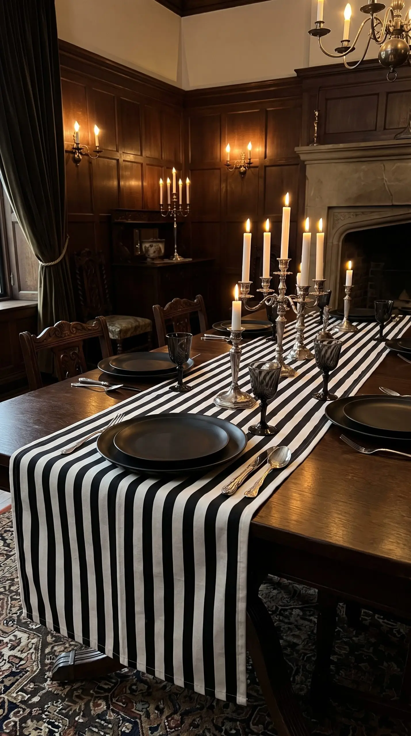A heavy raw cotton table runner with sharp black and white stripes crosses a wooden dining table set with 2026 halloween decor matte black plates.
