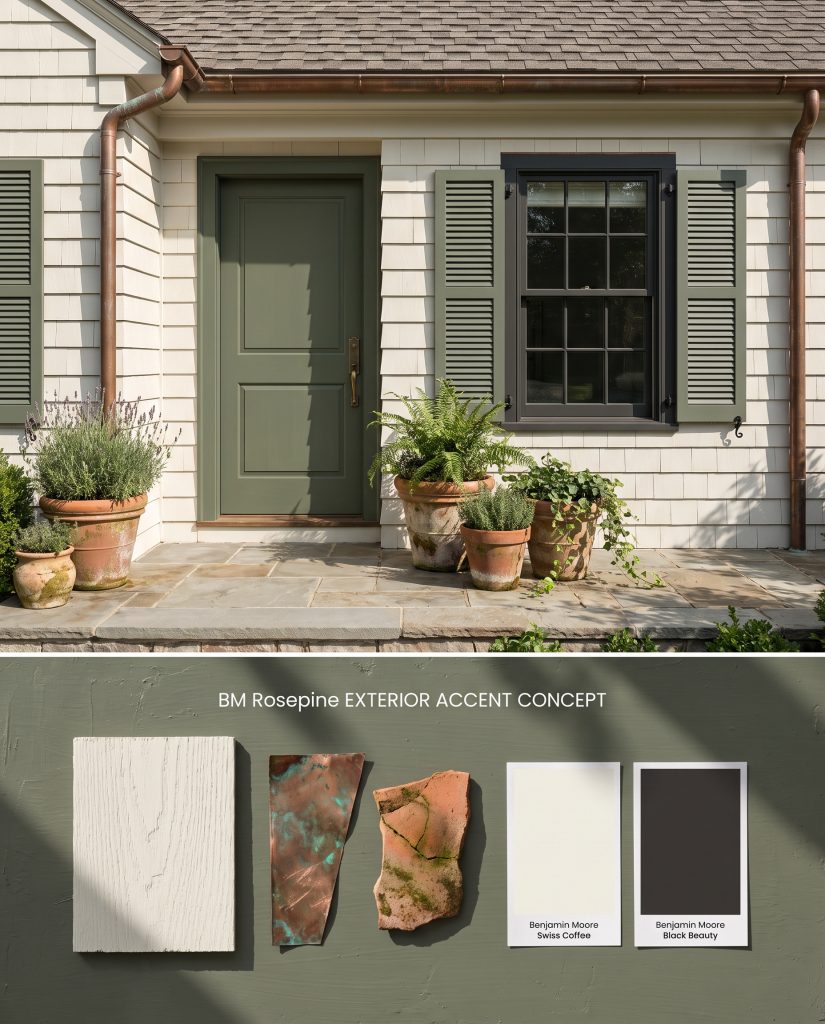A split architectural board featuring a modern cottage exterior with sage green accents above a tactile arrangement of cedar and aged copper.