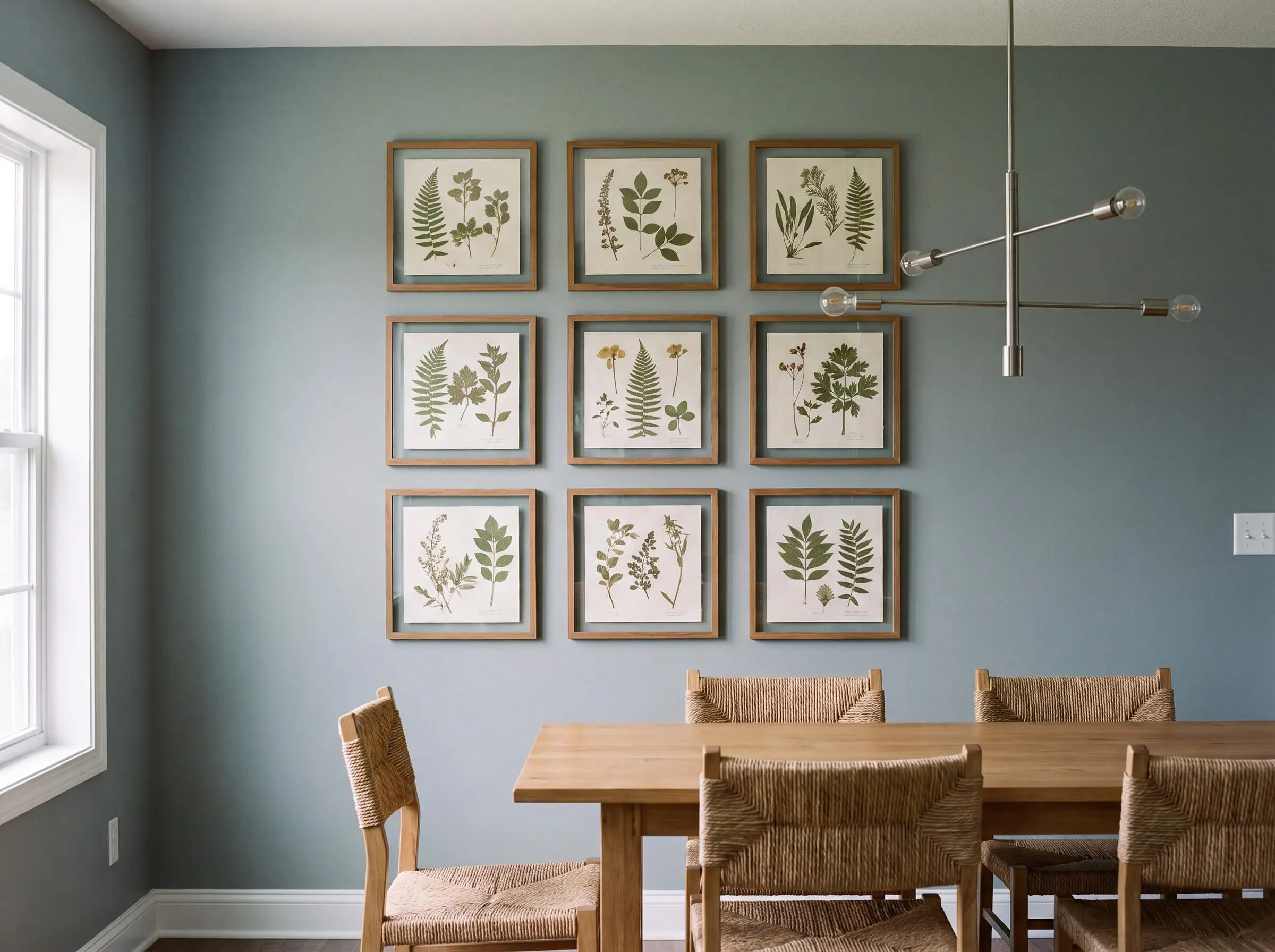 Nine identical square frames containing vintage botanical pressings form a flawless three-by-three grid on a muted blue-gray dining room wall.