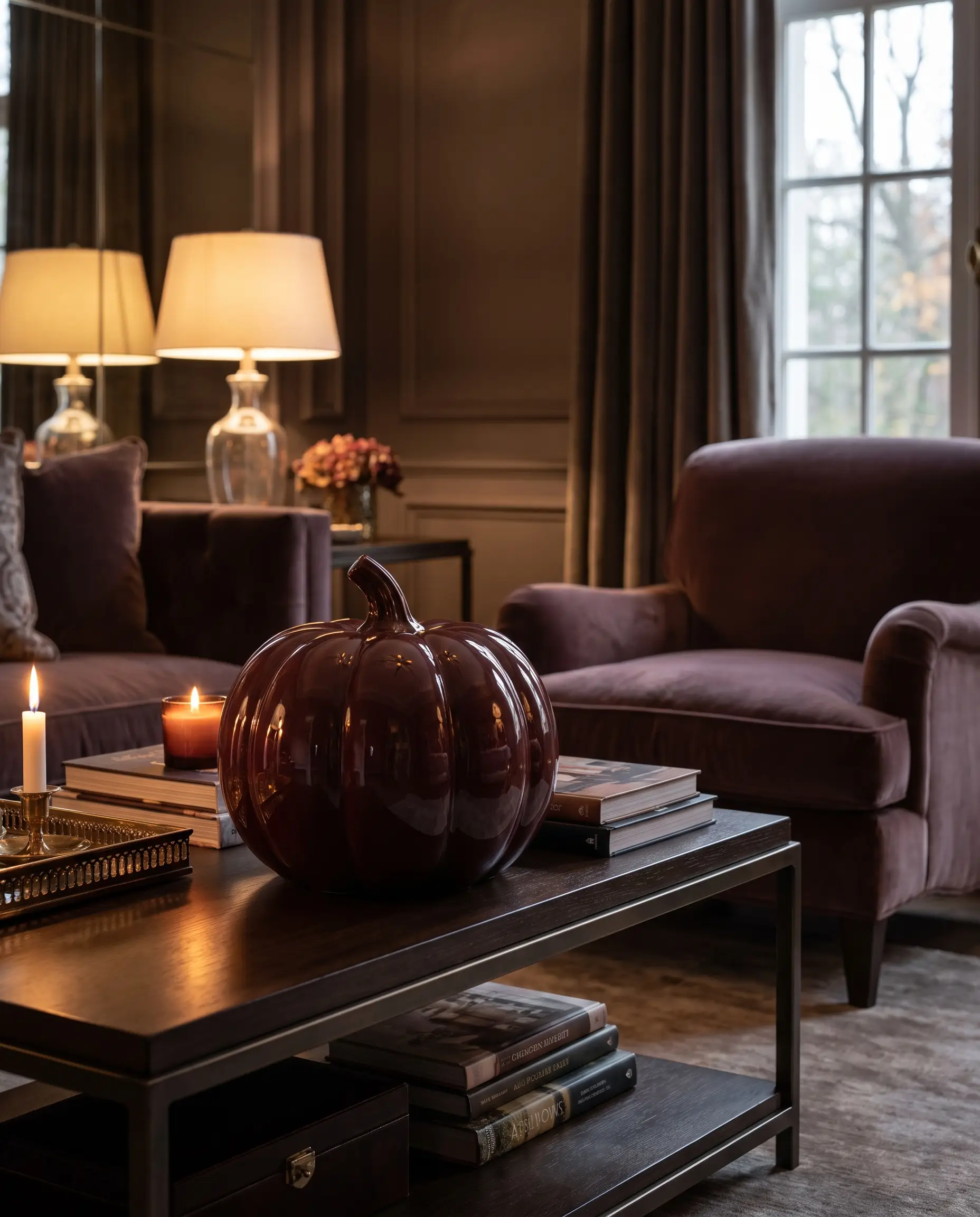 An ultra-glossy pumpkin painted in Sherwin-Williams Burgundy reflects the surrounding room from its slick, glass-like finish on an accessible luxury coffee table.