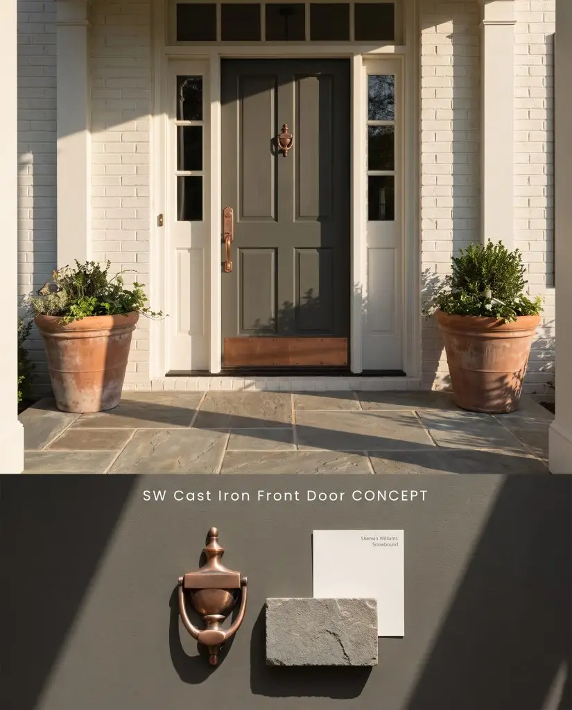 A split conceptual board showcasing a heavy dark gray wooden front door on the upper half and aged copper and bluestone samples beneath.