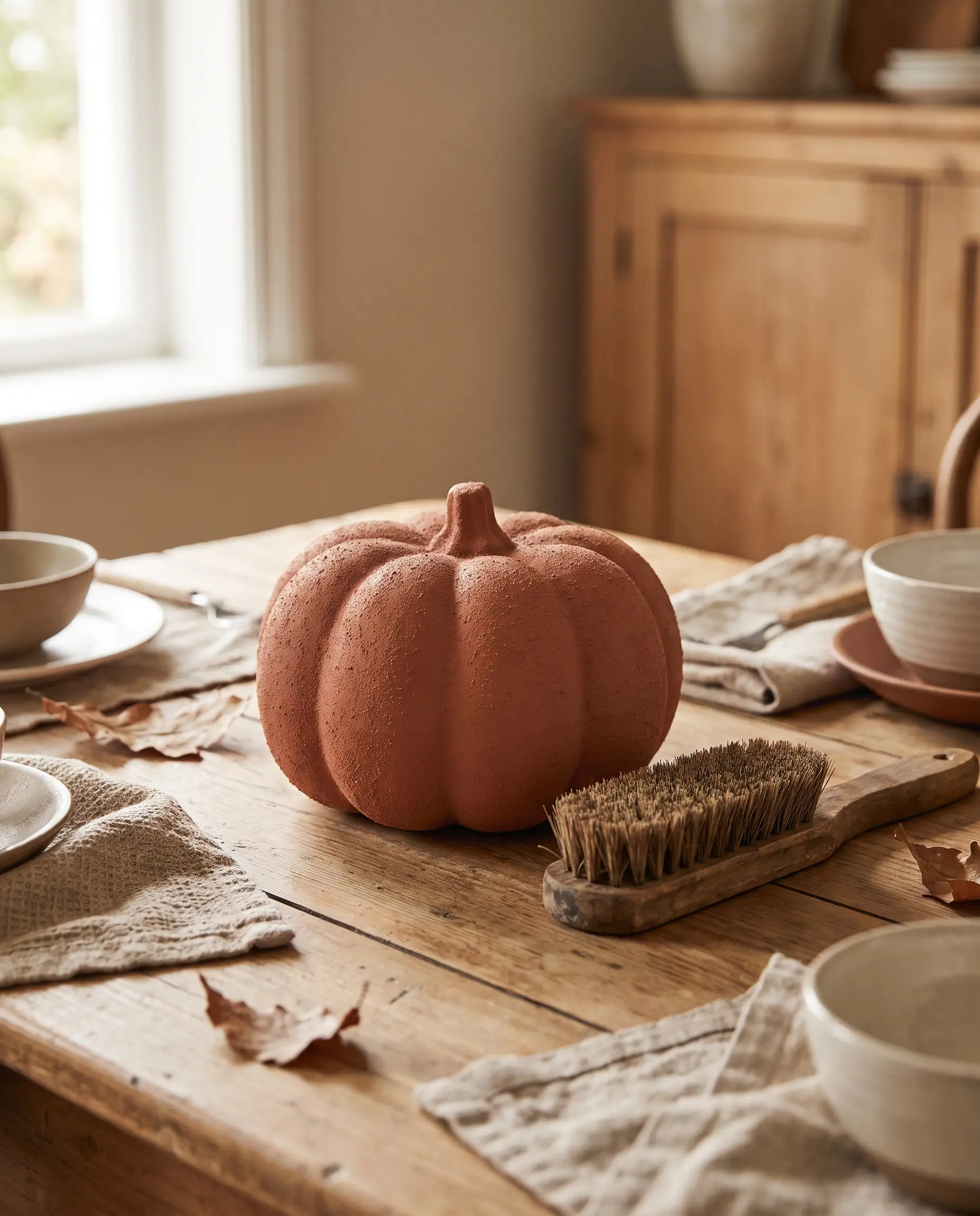 A faux foam pumpkin coated in Sherwin-Williams Cavern Clay baking soda paint rests on a wooden table beside a stiff bristle brush.
