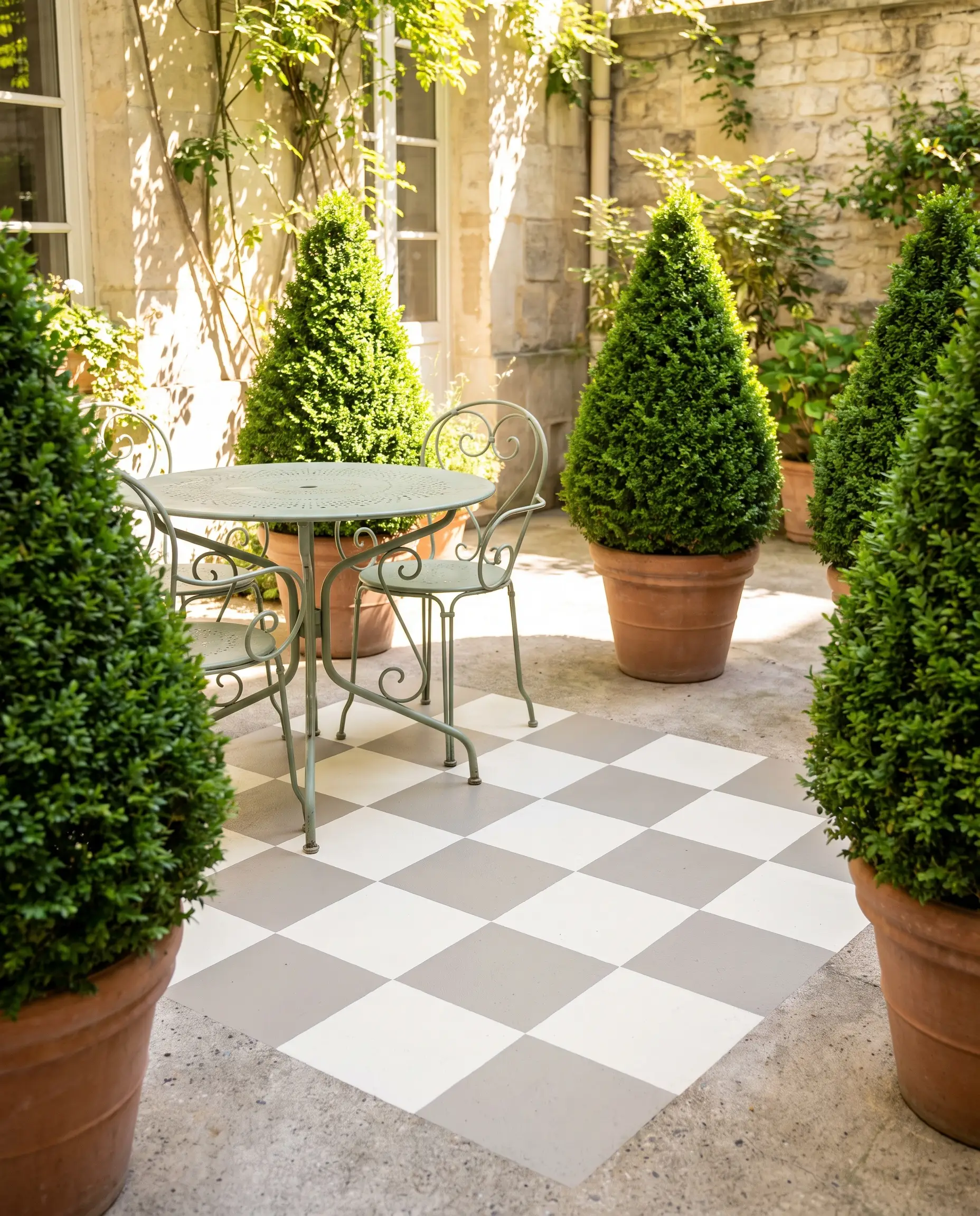 A cast aluminum bistro set and tall manicured boxwood topiaries sit on a Parisian courtyard patio featuring a silver gray and white checkerboard floor.