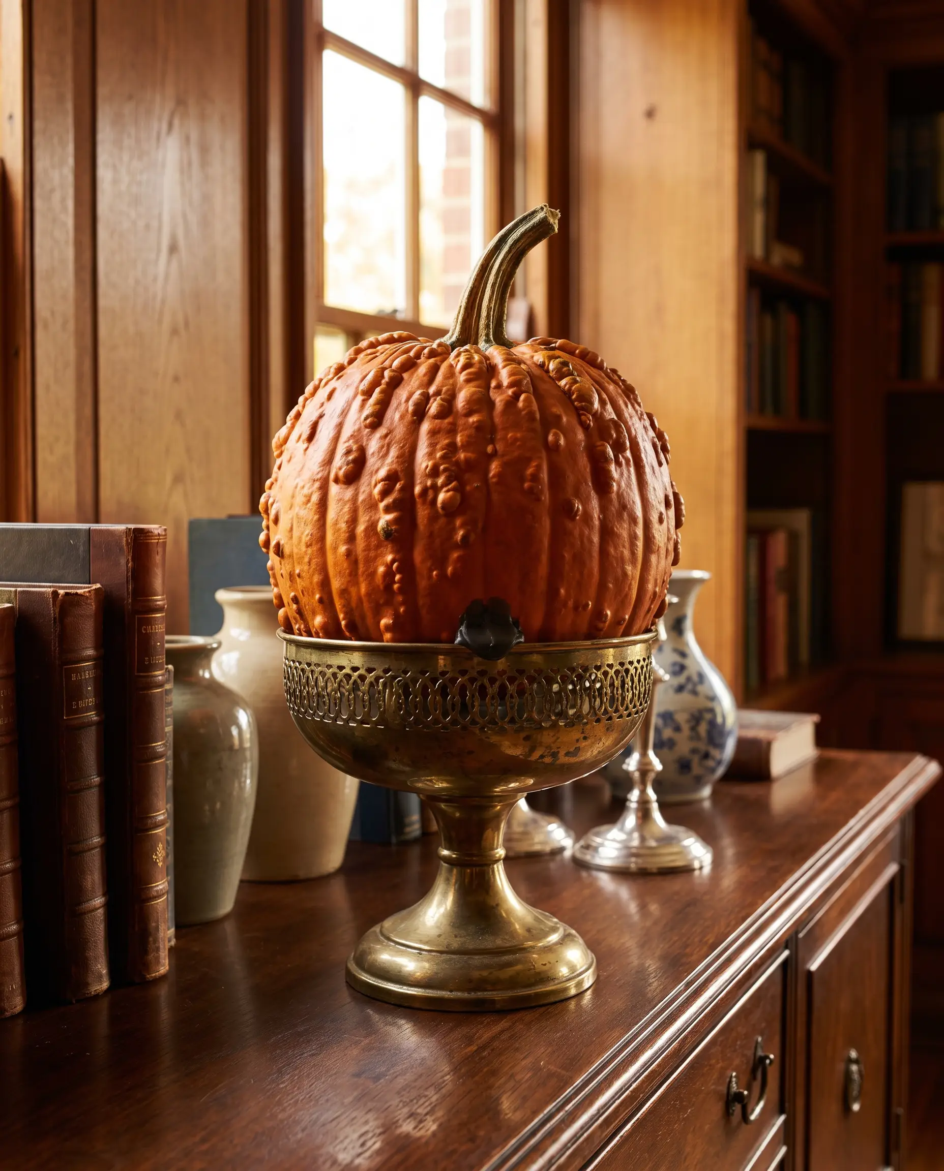A heavily textured gourd sits securely atop a narrow, aged brass pedestal bowl positioned carefully on a standard dining room sideboard.