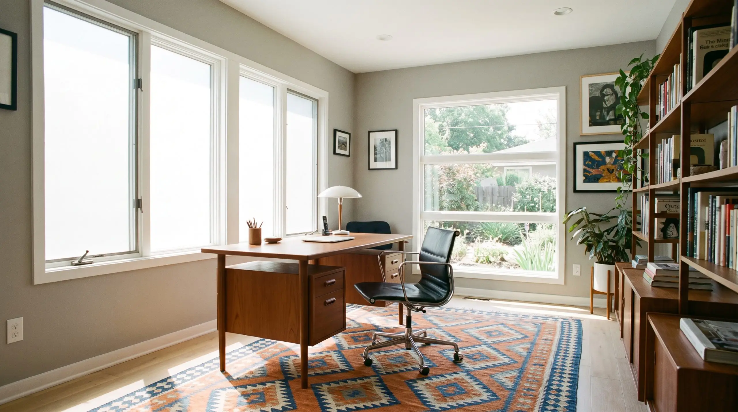 A warm teak writing desk and black leather office chair anchor a room painted in the best Behr gray paint colors.