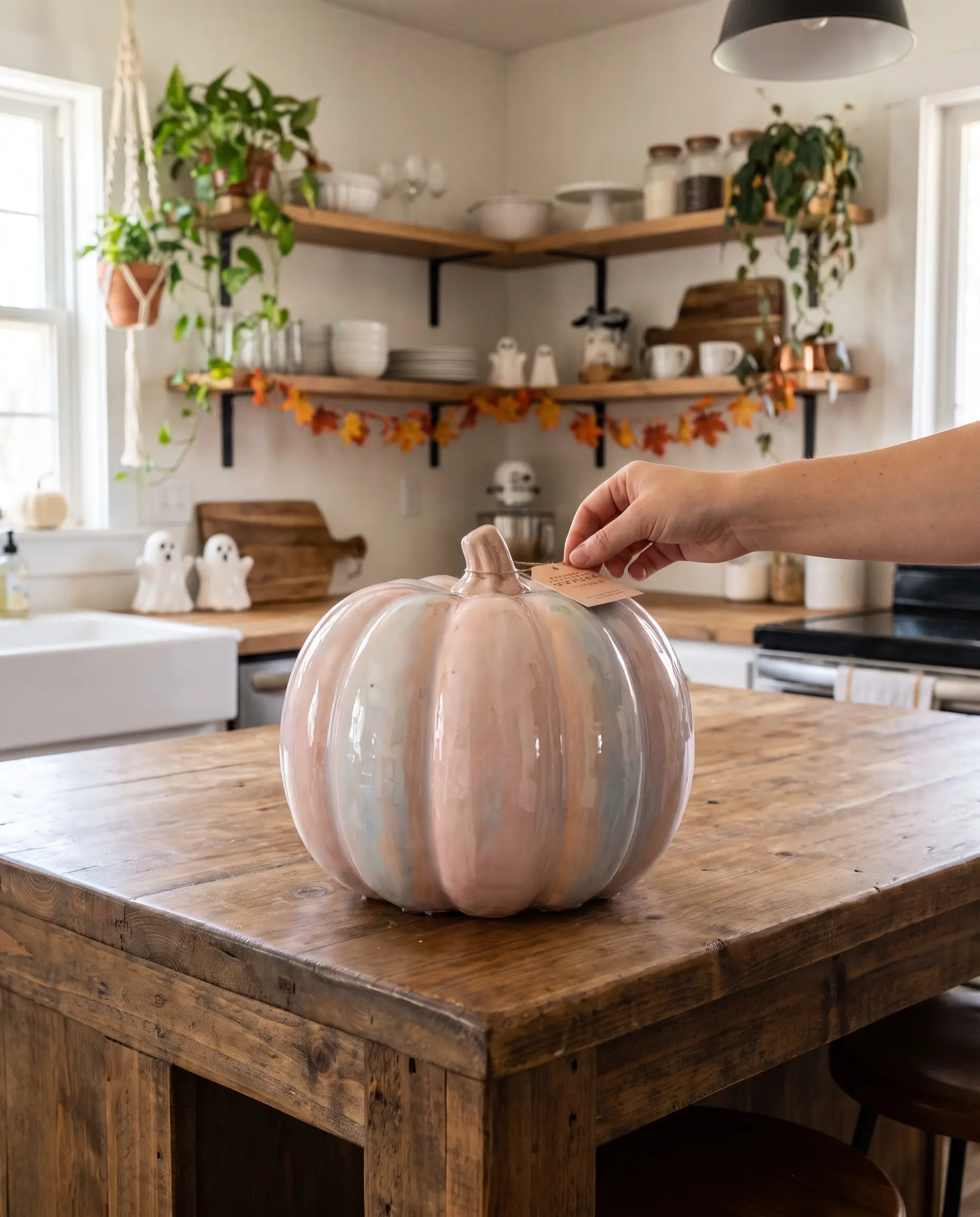 A thick, glassy clear epoxy shell covers a pastel faux pumpkin, perfectly mimicking expensive kiln-fired ceramics on an accessible wooden kitchen island.
