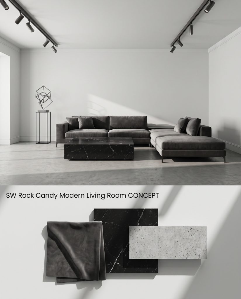 A split architectural board illustrating a color-drenched icy gray living room on top and a tactile flat-lay of charcoal velvet and black marble below.