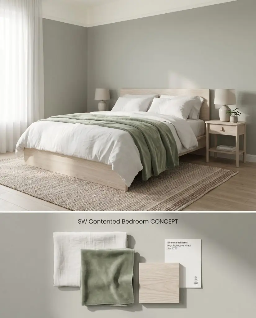 A split digital conceptual board featuring a tranquil green bedroom on top and a textured flat-lay of linen and bleached ash below.