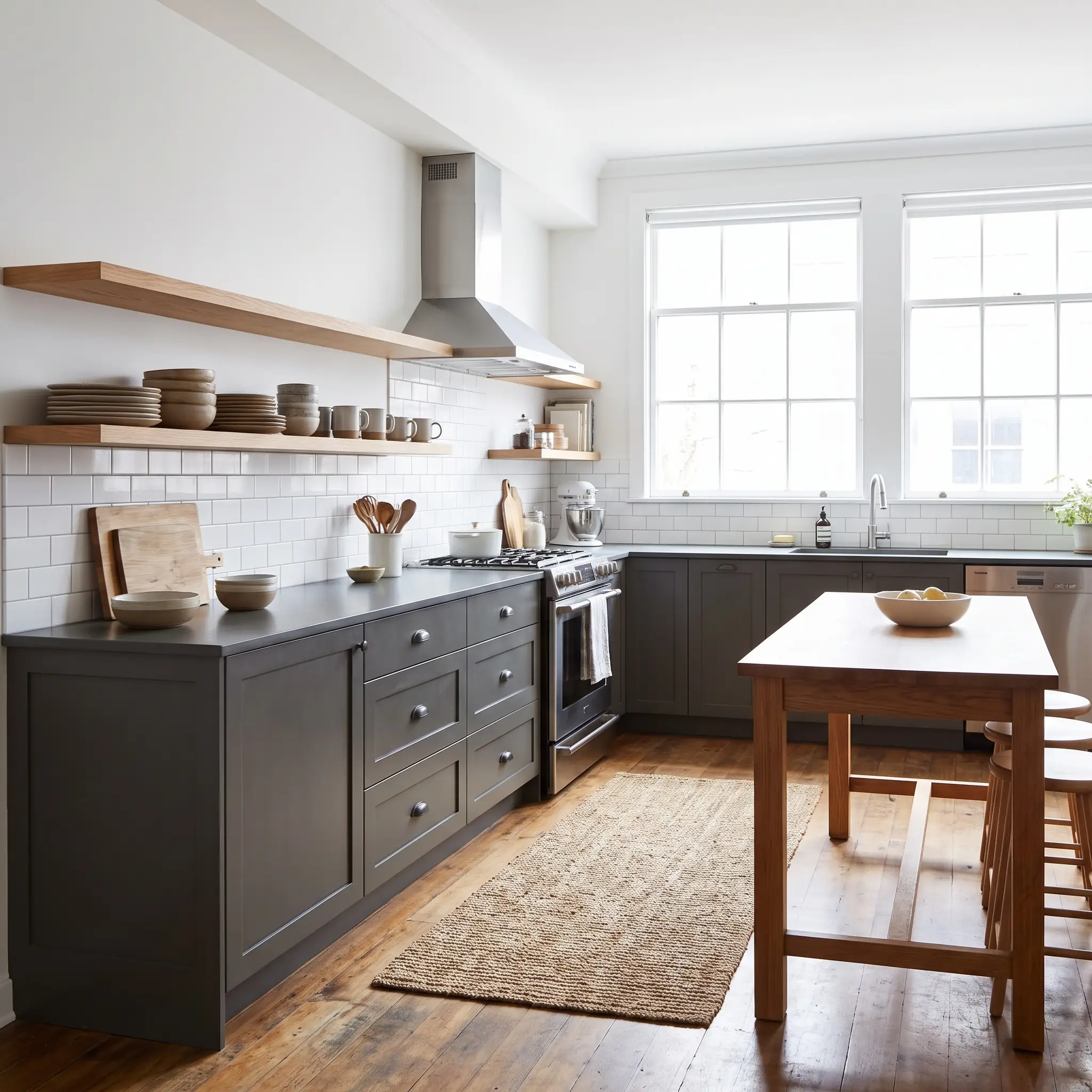Cool slate charcoal lower cabinetry pairs with standard stainless steel appliances and a light oak floating shelf displaying ceramic dishware.