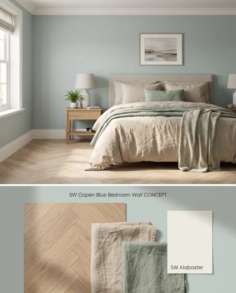 A split digital conceptual board displaying a transitional bedroom above and a textured flat-lay with white oak and washed linen below.