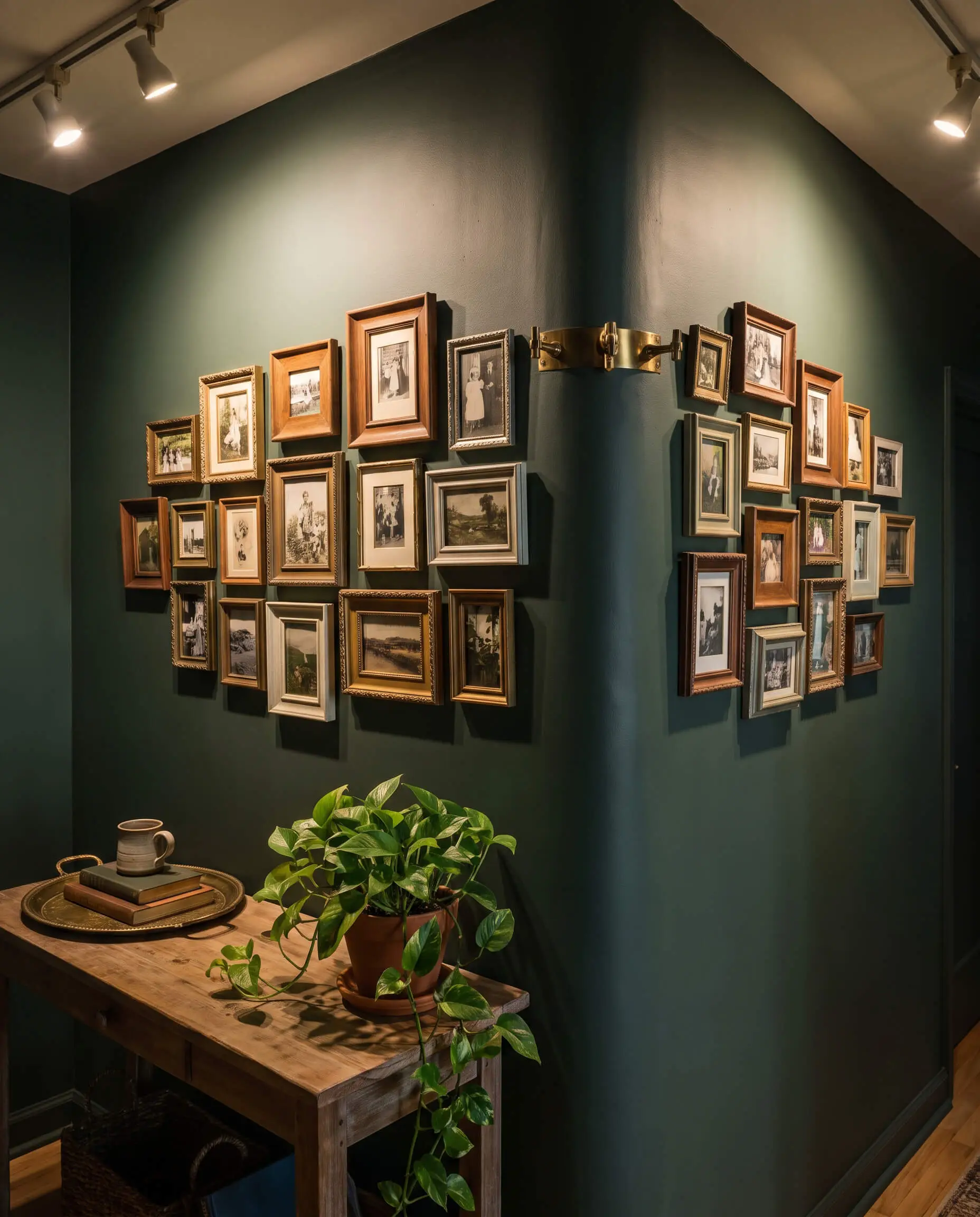 Mismatched eclectic frames wrap seamlessly around an outward drywall corner above a standard hallway console table styled with a trailing pothos plant.