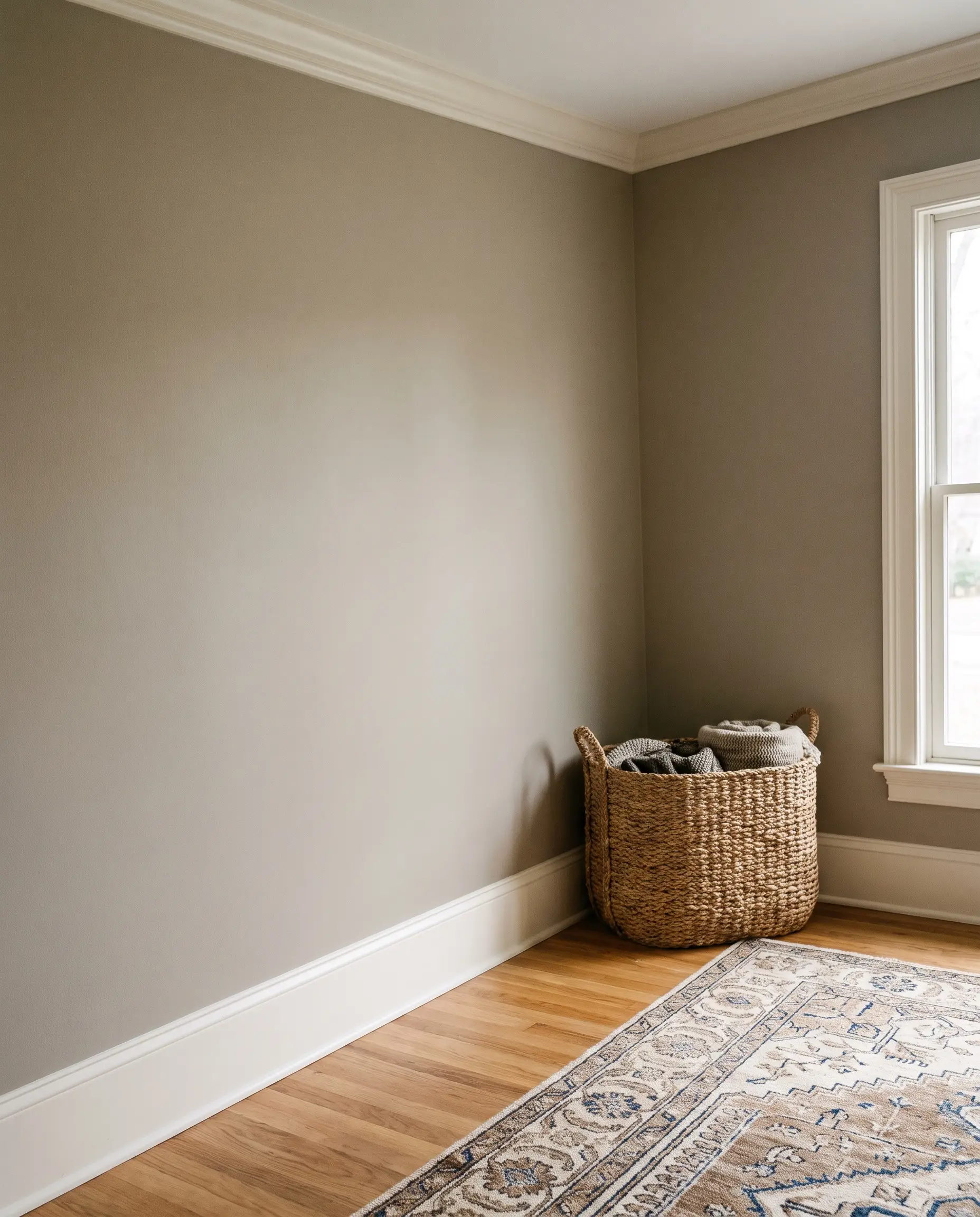 Standard-height baseboards and crown molding painted in soft creamy white harmonize perfectly with warm taupe greige walls and oak hardwood floors.