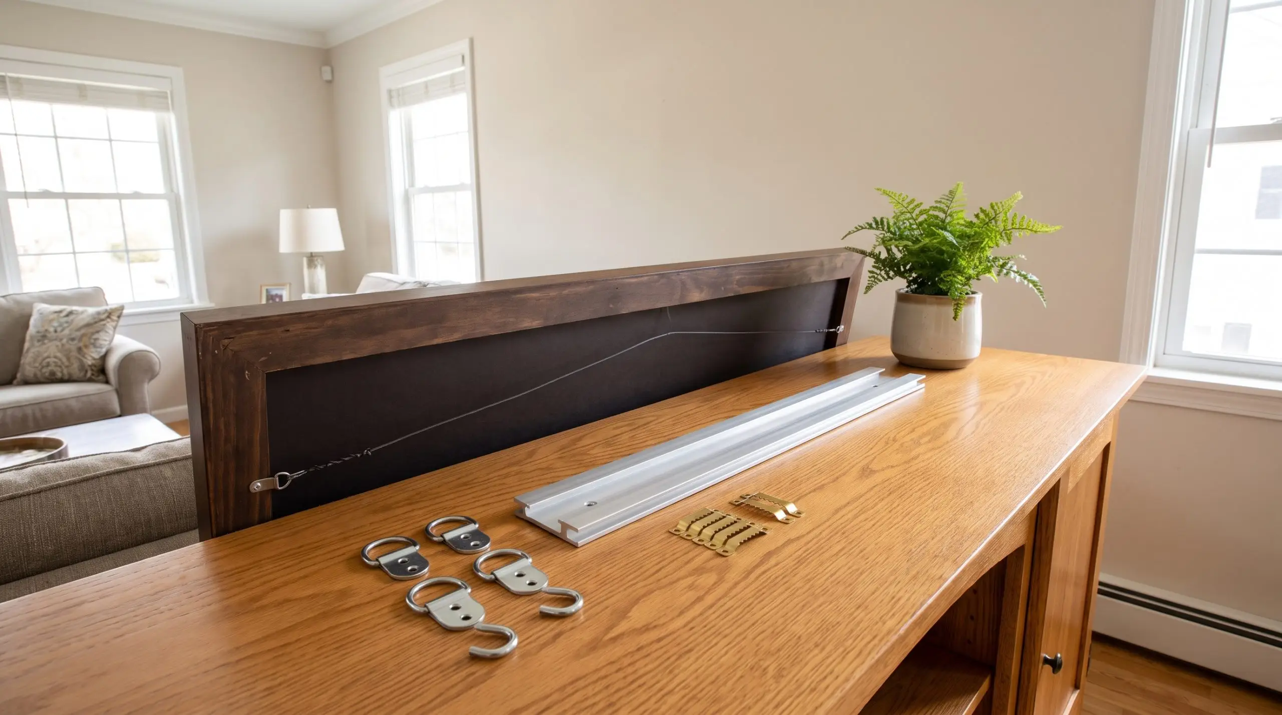 Heavy-duty French cleats, D-rings with two hooks, and small sawtooth hangers lay neatly on a warm oak console table beside a large wooden frame.