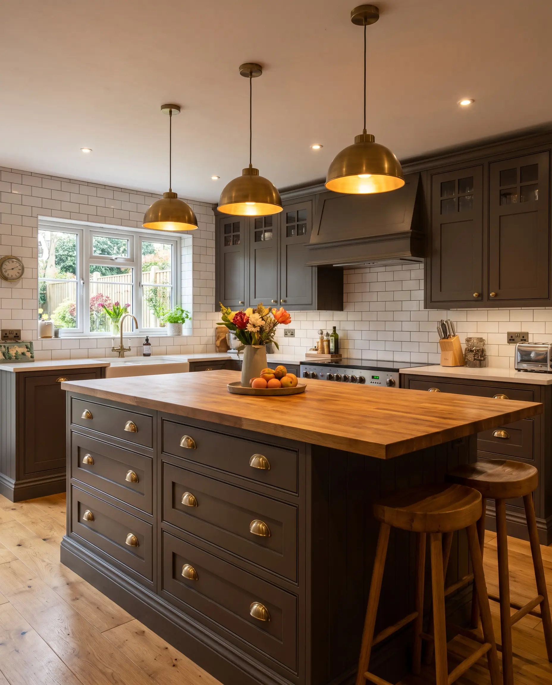 Standard shaker cabinets and a central island painted in deep warm charcoal feature warm butcher block countertops and brushed brass pulls.