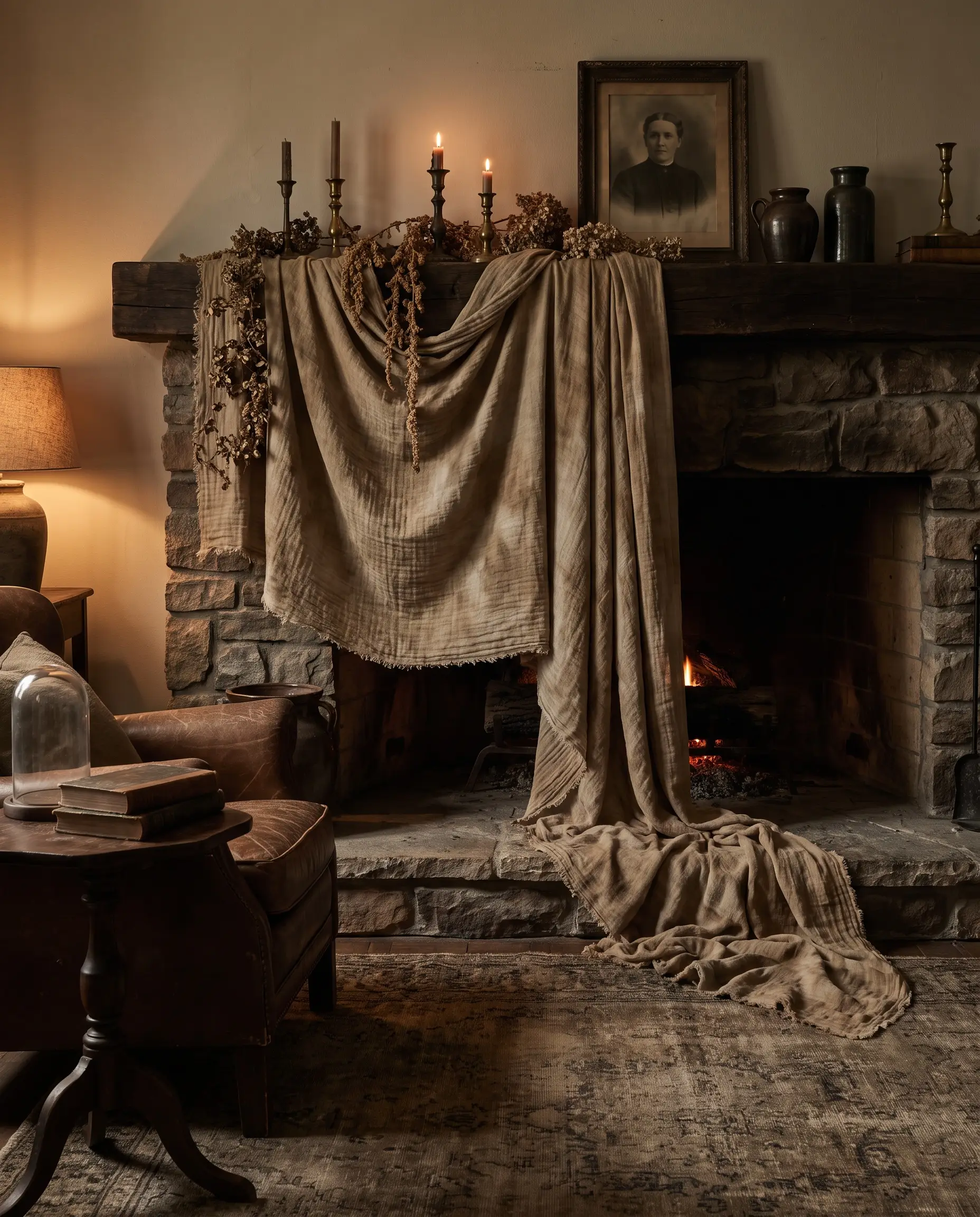 Distressed raw-edge cotton gauze dyed an antique beige pools dramatically across a standard wooden mantelpiece as sophisticated 2026 halloween decor.