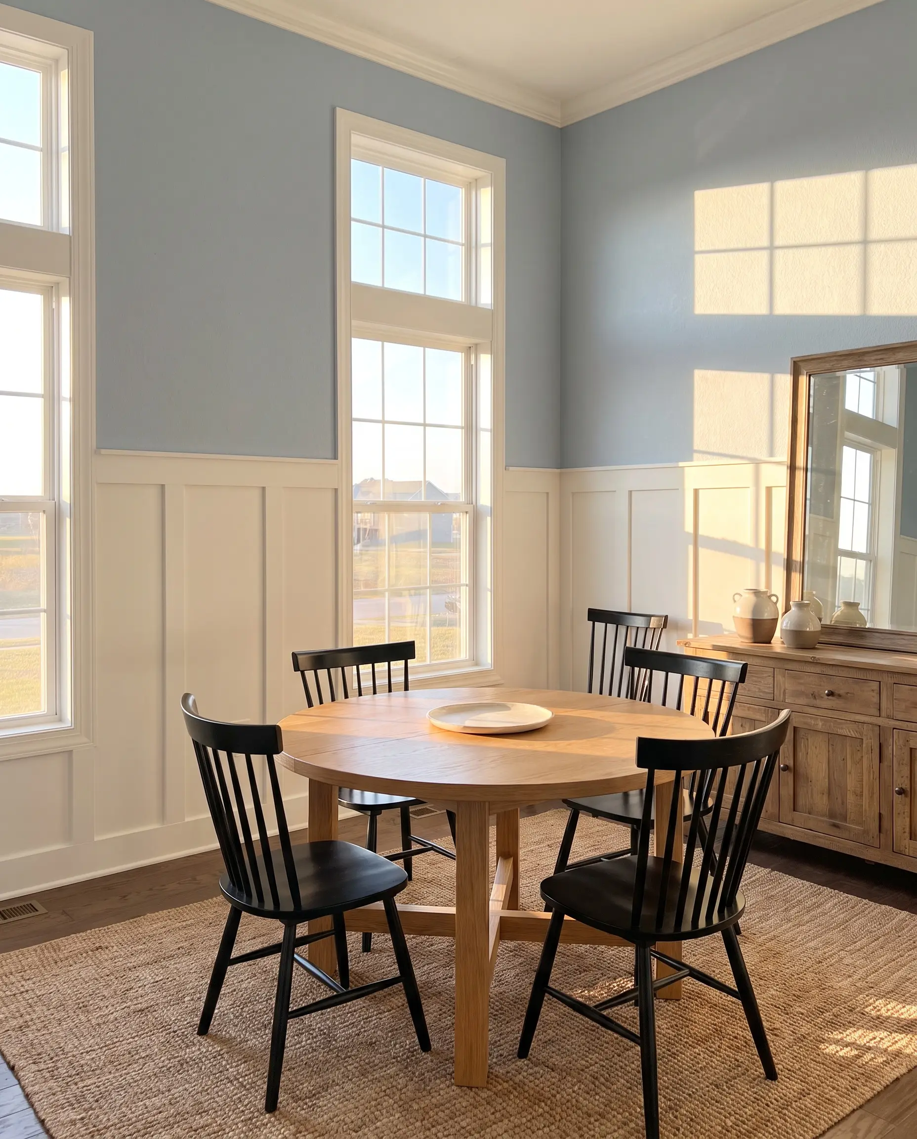 A round oak dining table and black Windsor chairs sit before bright white board-and-batten wainscoting and cool blue-gray upper walls.