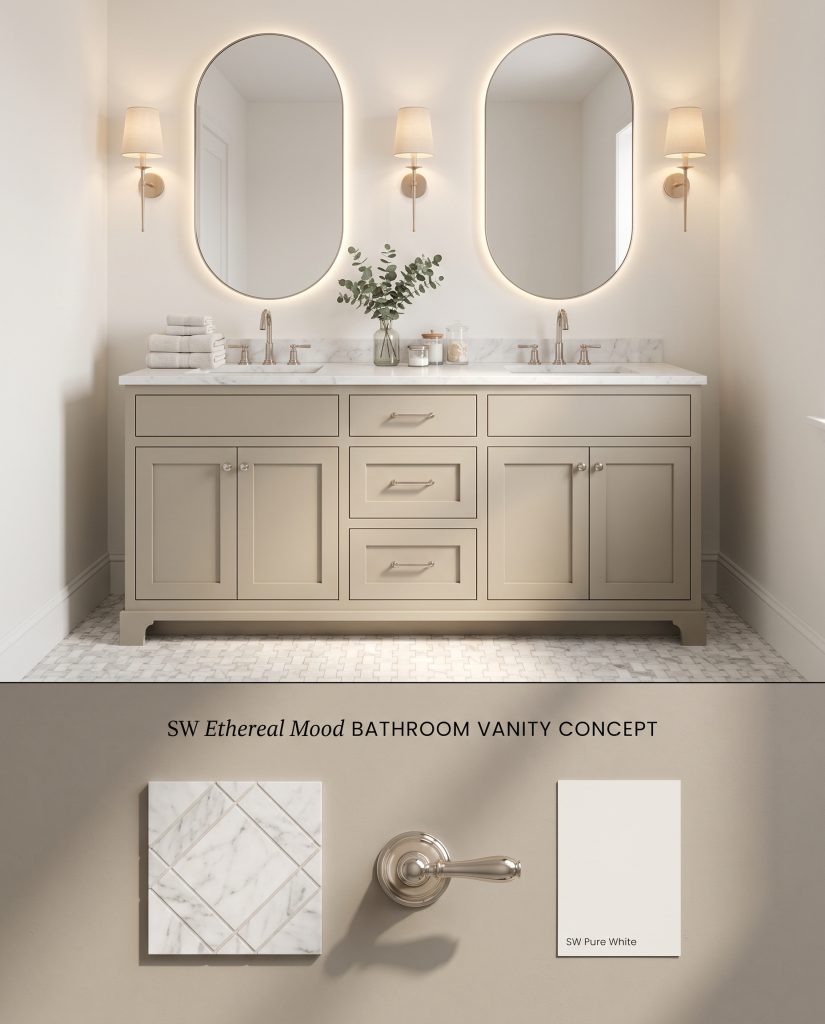 A split digital layout displaying an Ethereal Mood double vanity in a bathroom setting over a flat-lay of Carrara marble mosaic and polished nickel.