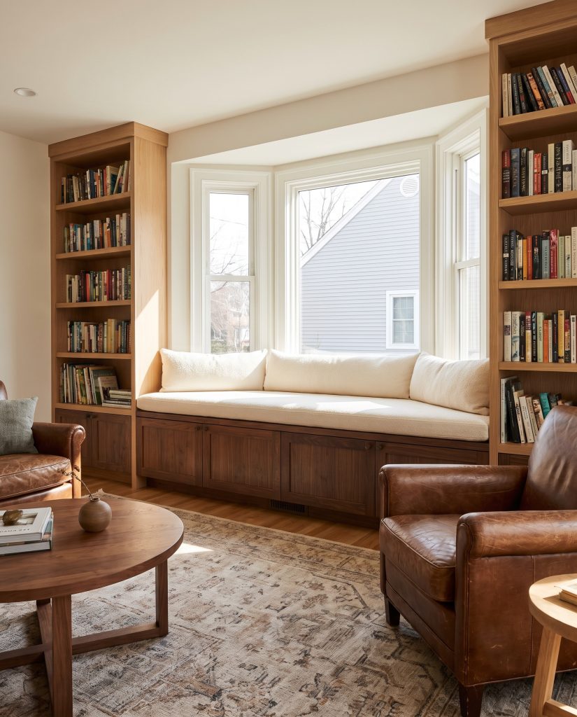 Custom bookcase millwork flanks a large window, connecting to a solid wood base cabinet that forms an eighteen-inch high cushioned reading bench.