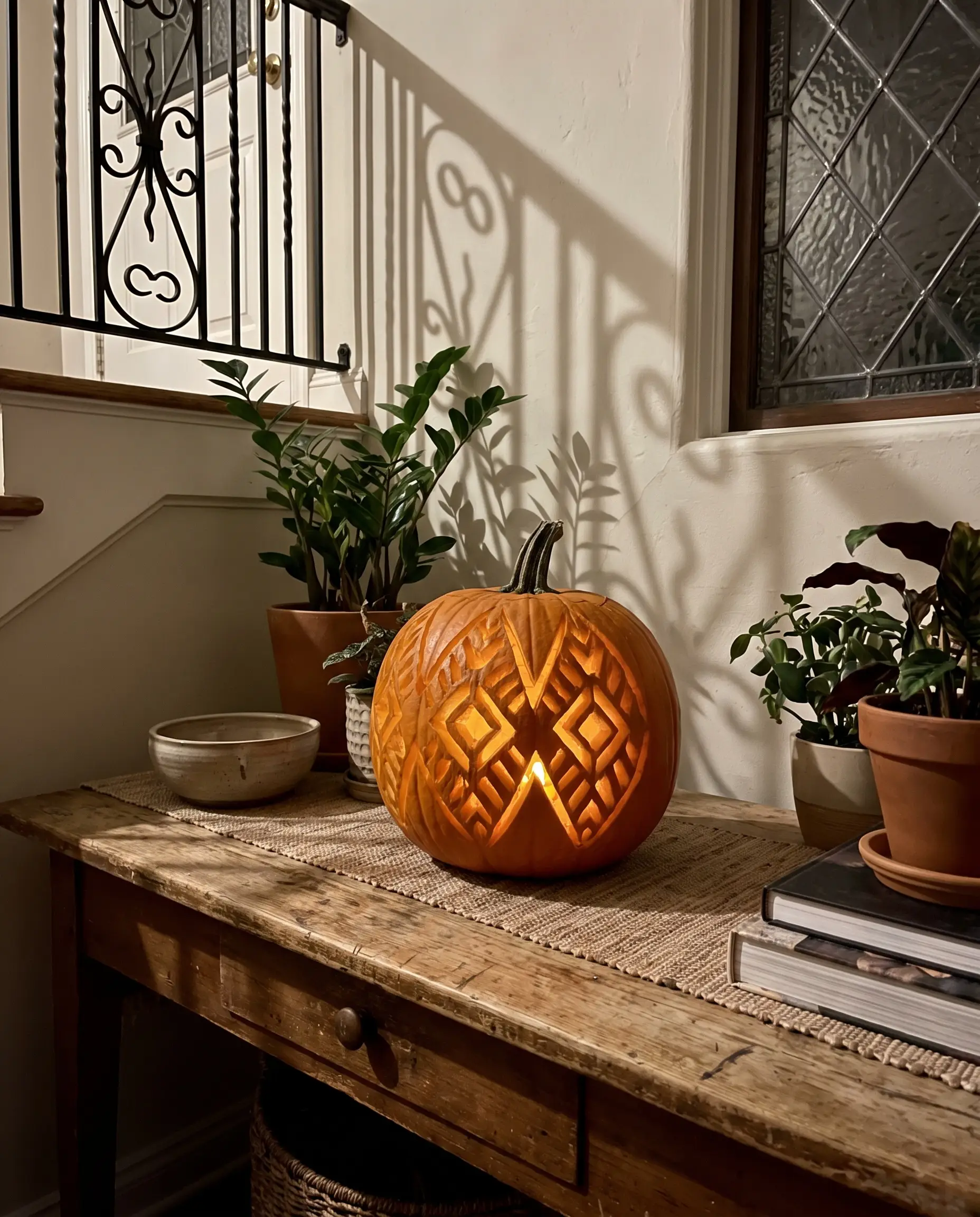 Sharp geometric patterns scraped into the outer rind of a real pumpkin emit a translucent glow from amber LED lighting on an entryway table.