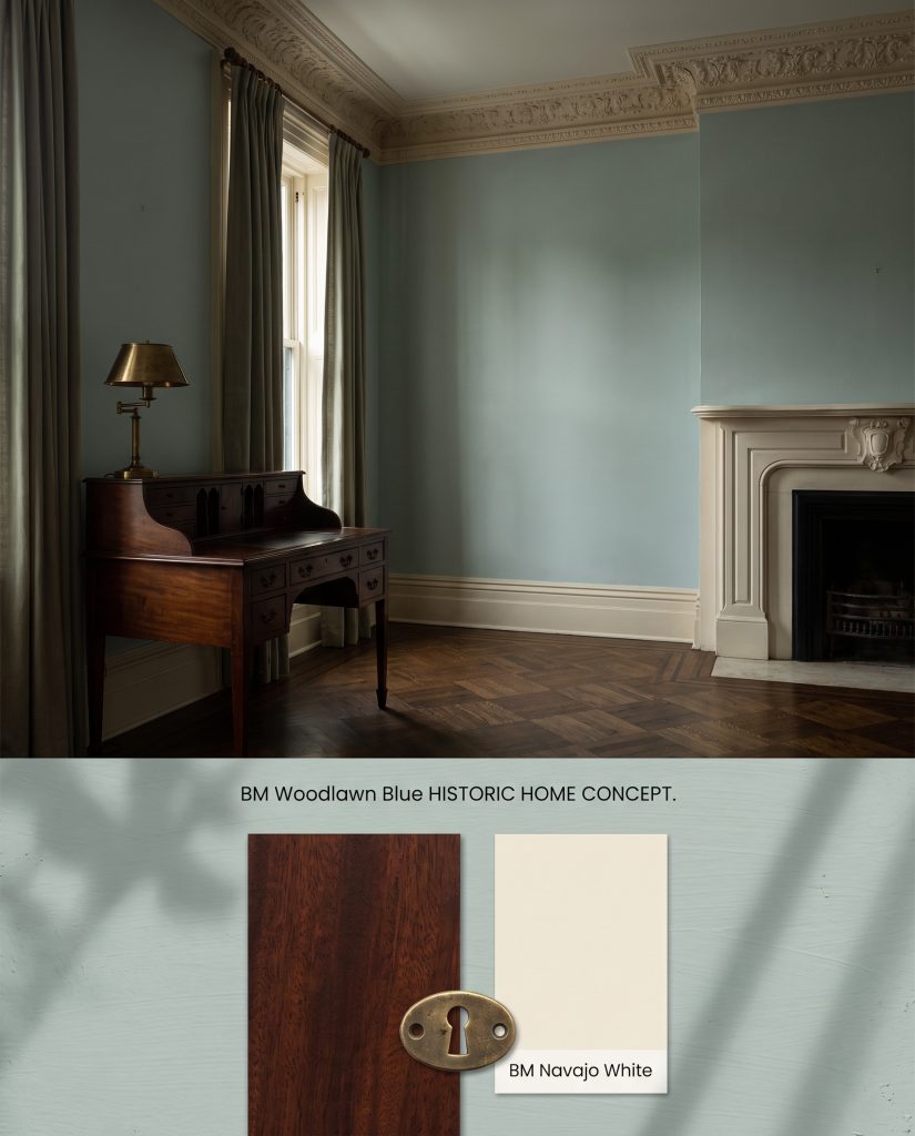 Split conceptual board displaying a formal historic parlor with ornate plaster cornices above, and a textured paint surface with mahogany below.