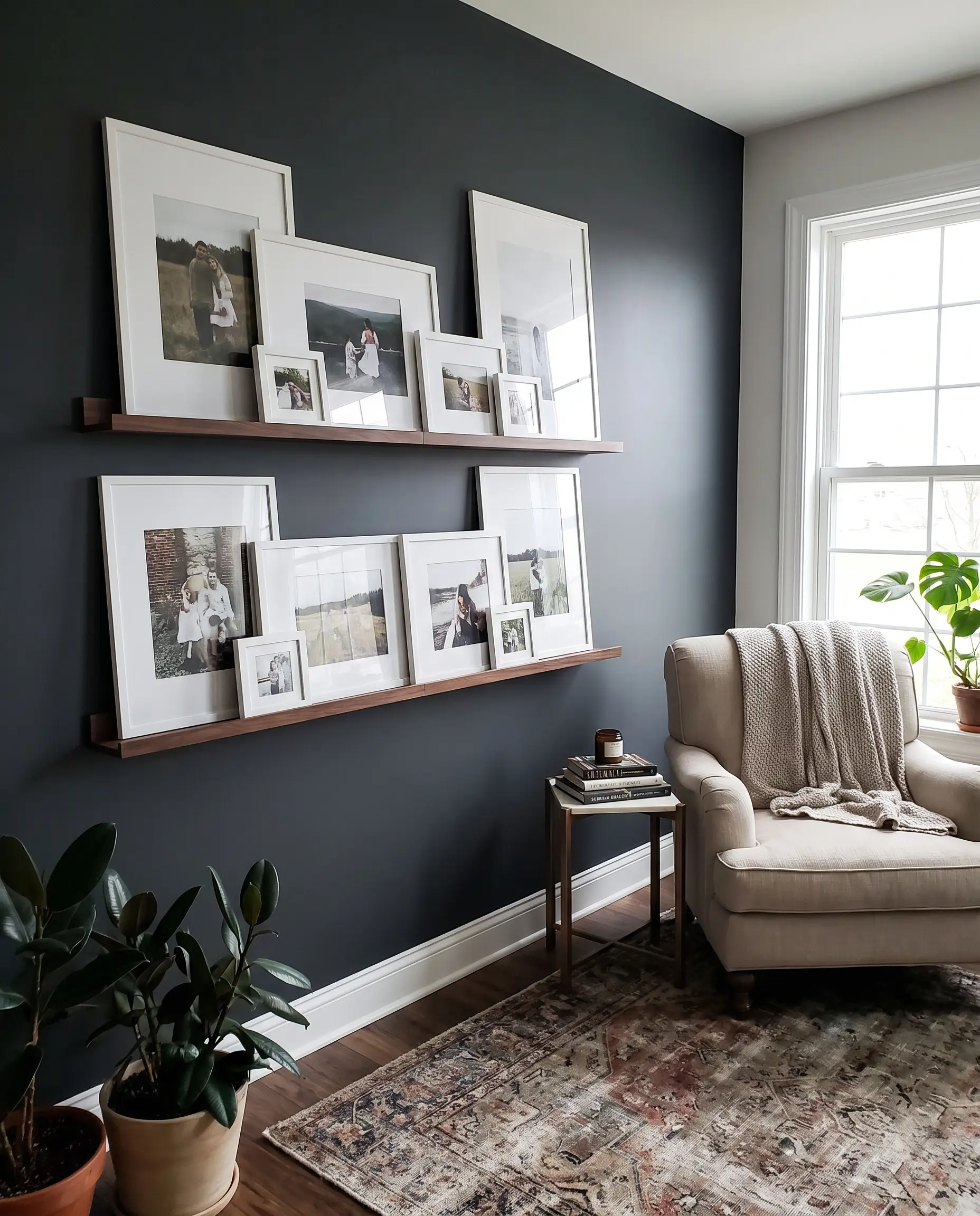 Shallow floating picture ledges hold a curated mix of overlapping frames against a soft black wall in a cozy, approachable living room.