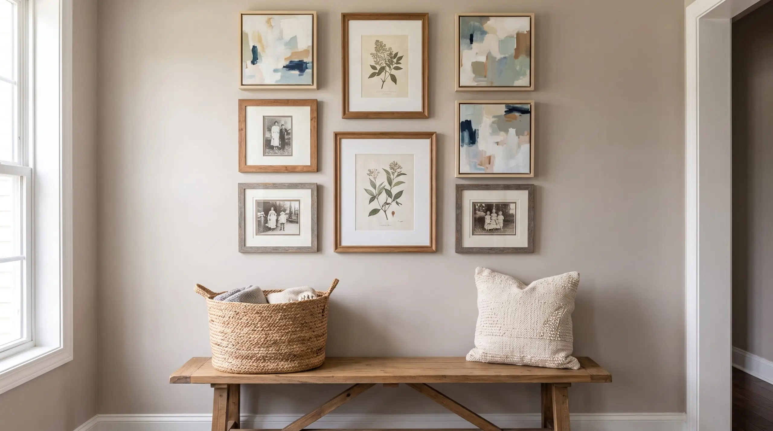 A carefully curated gallery wall blends canvas float frames, traditional glass frames, and varied mat boards above a simple DIY entryway bench.