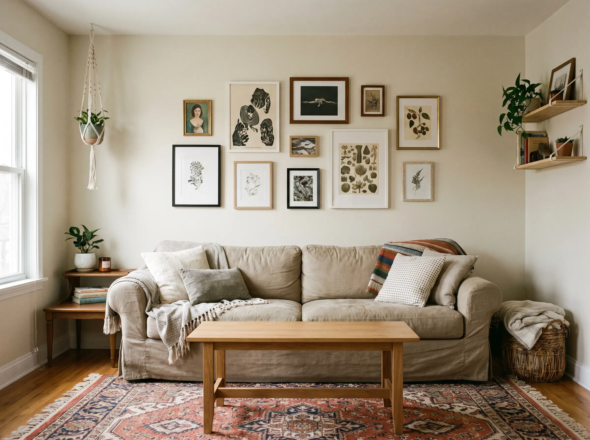 An architecturally balanced art arrangement spans exactly two-thirds the width of a comfortable sofa, illustrating how to arrange pictures on a wall.
