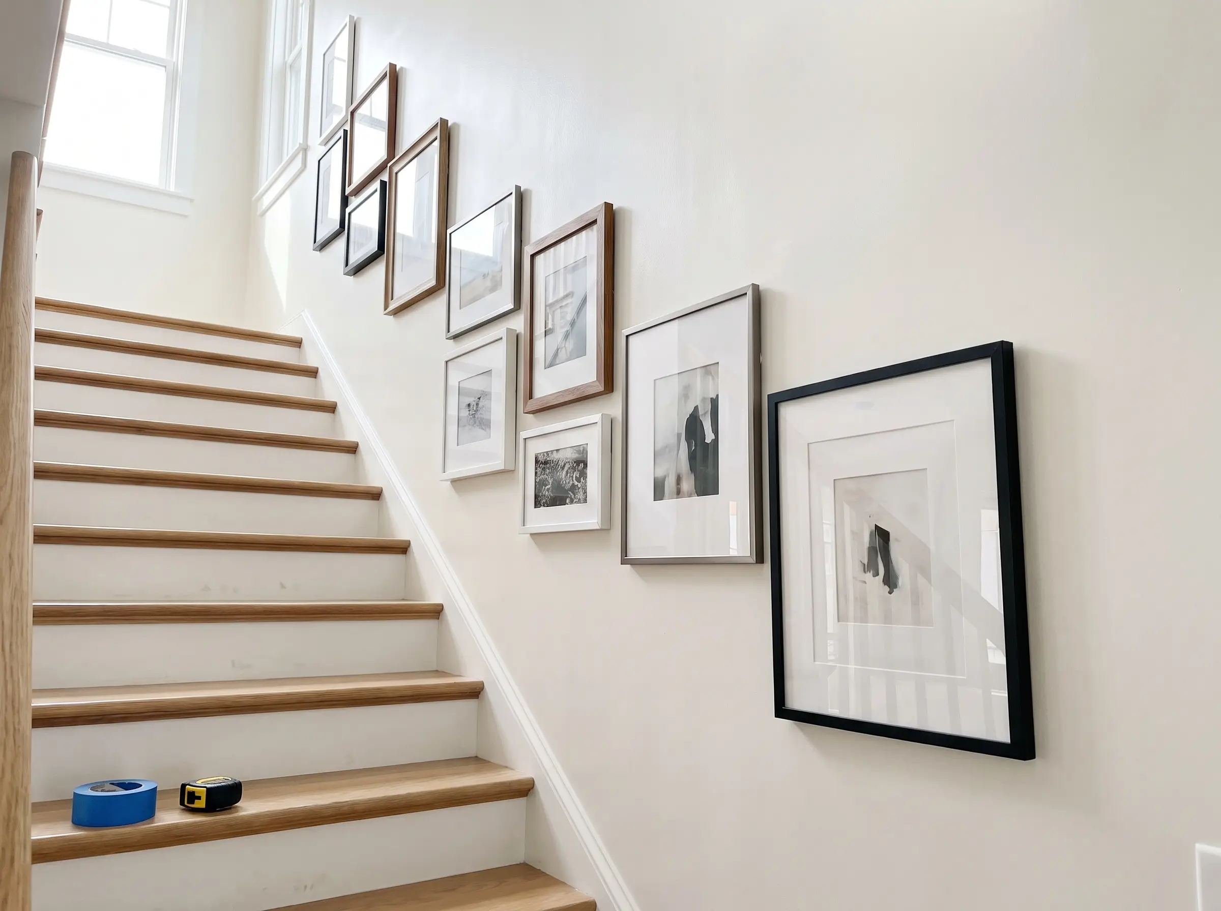 A dynamic gallery wall steps down in parallel with a residential staircase, providing a perfect example of how to arrange pictures on a wall.