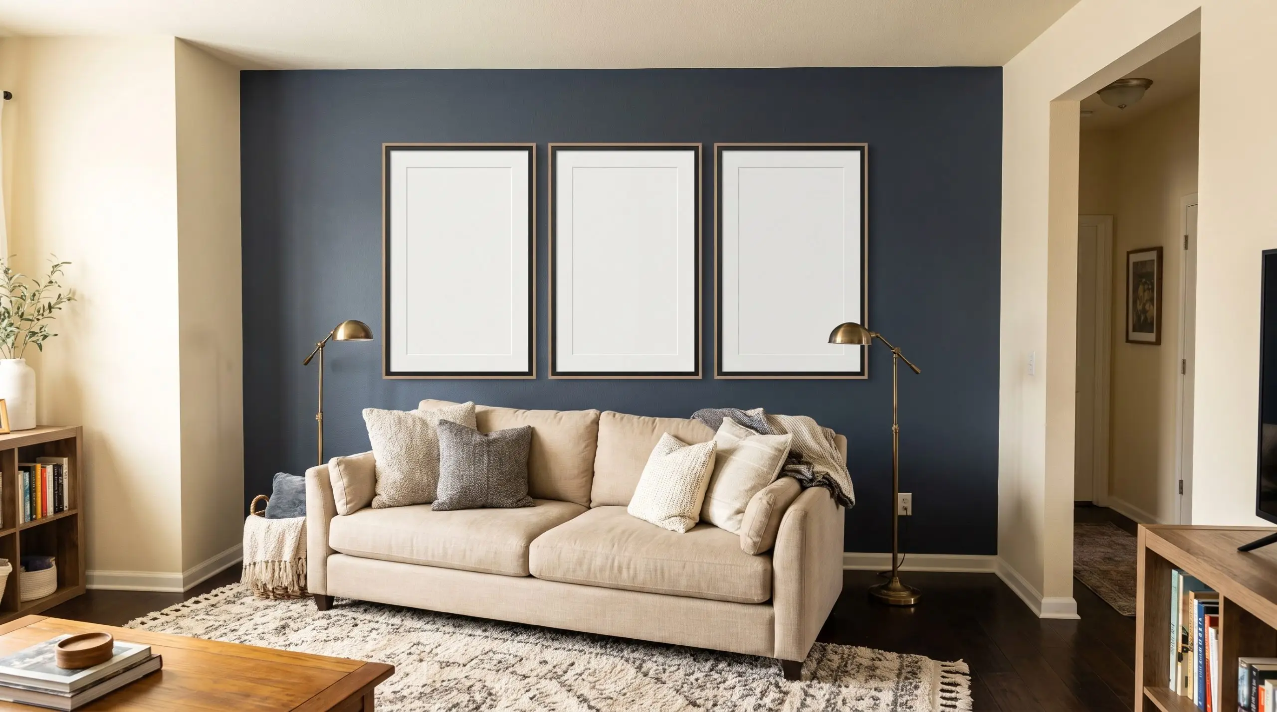 Three large vertical frames form a classic triptych arrangement over a linen sofa against a stark navy blue contrast wall.